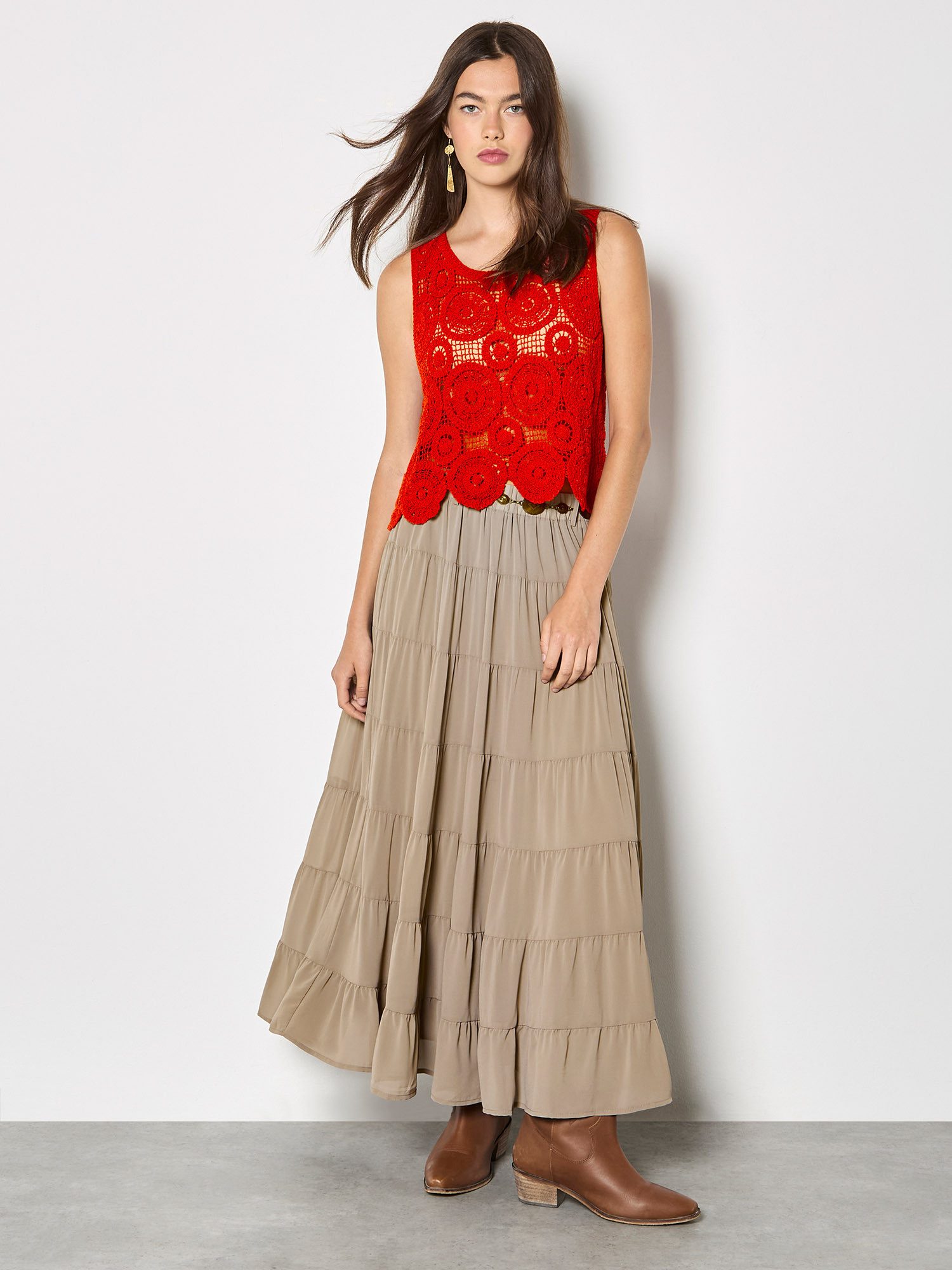 Apricot Maxirock Chiffon-Maxirock (mit Gürtel) mit Stufen