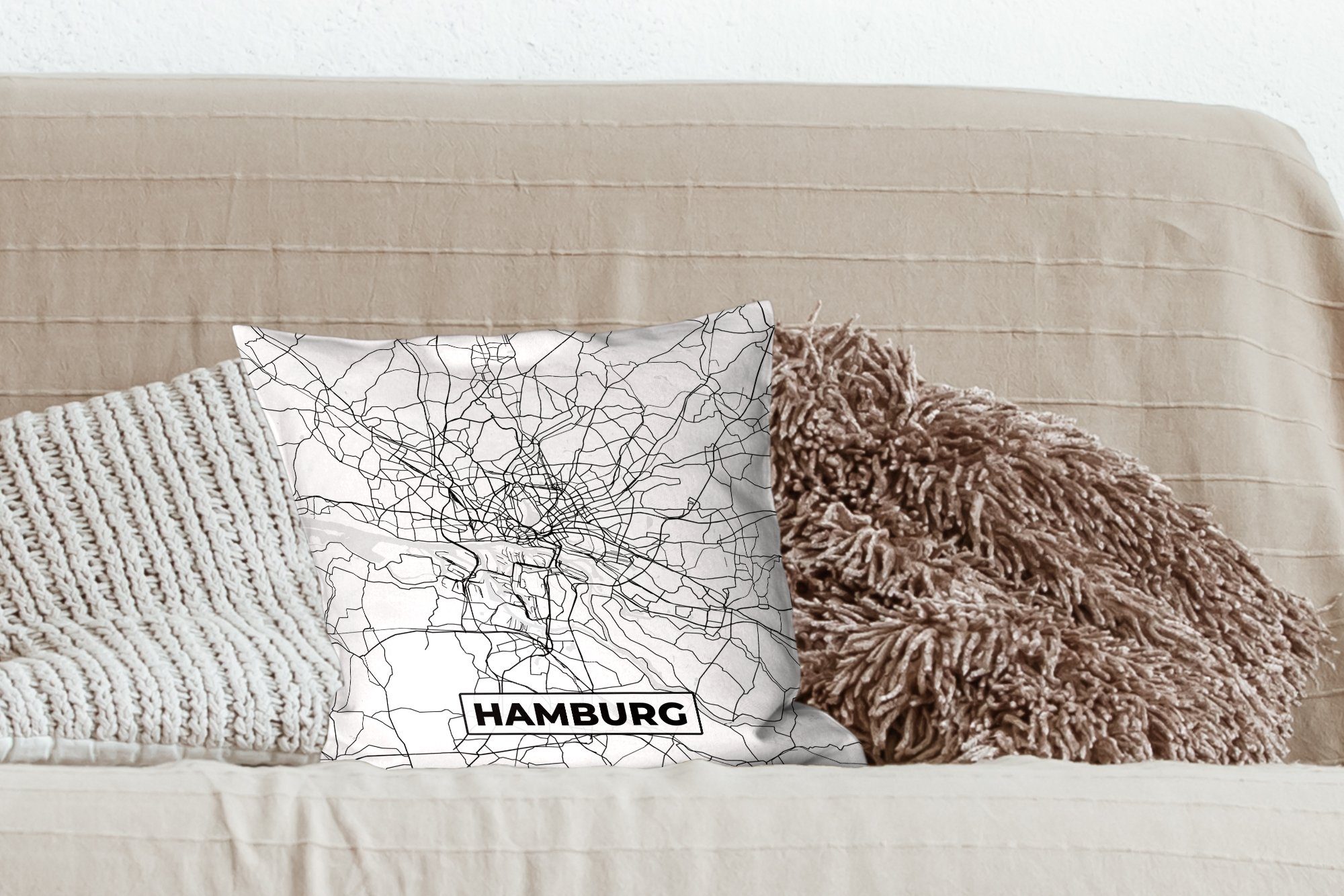 MuchoWow Dekokissen Karte - Wohzimmer, - Zierkissen Deko, Sofakissen Stadtplan, Hamburg mit Schlafzimmer, für Füllung