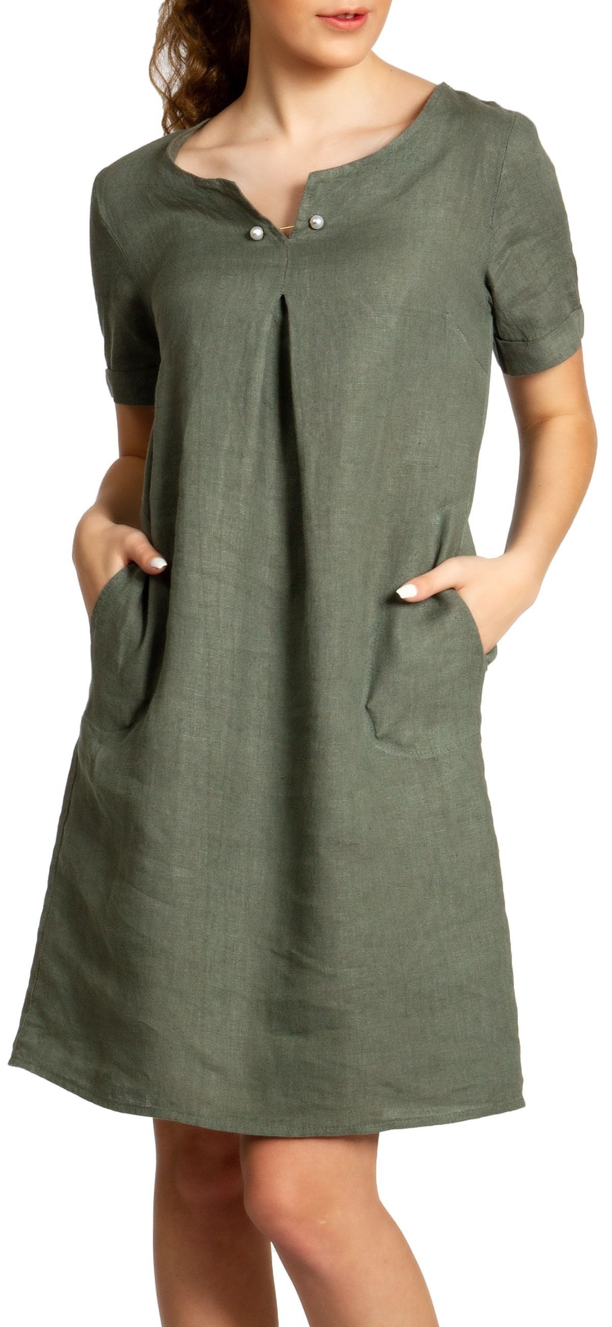 Sommerkleid SKL029 knielanges Damen Sommer Leinenkleid mit elegantem Perlen Dekor