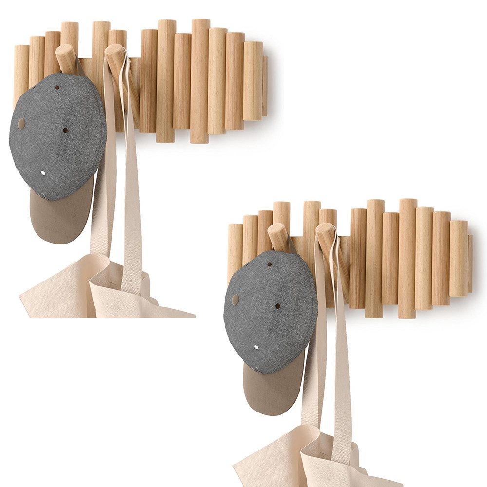BlingBin Garderobenleiste 5 Haken Garderobenständer aus Holz, faltbarer Wandgarderobenständer (2er Set, 2 St., 38*17cm), Versenkbaren Haken Modernes Design und Wandmontage