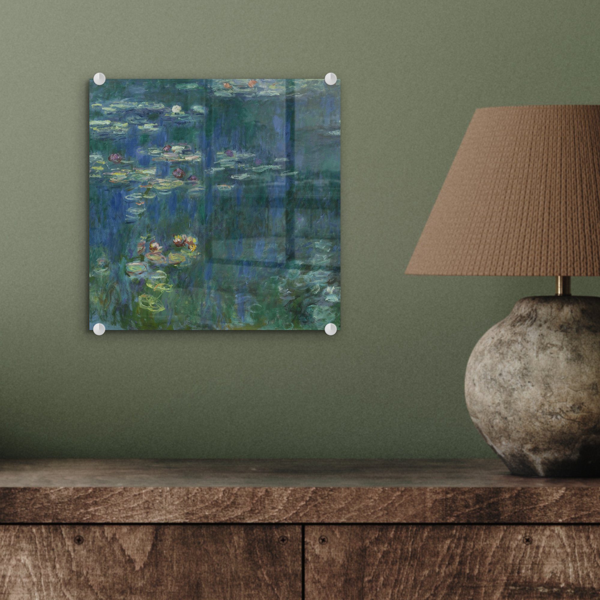 MuchoWow Acrylglasbild Seerosen - - St), Reflexion Glasbilder Glas auf Monet, Bilder auf (1 - - Wanddekoration Foto Claude Glas Wandbild grüne