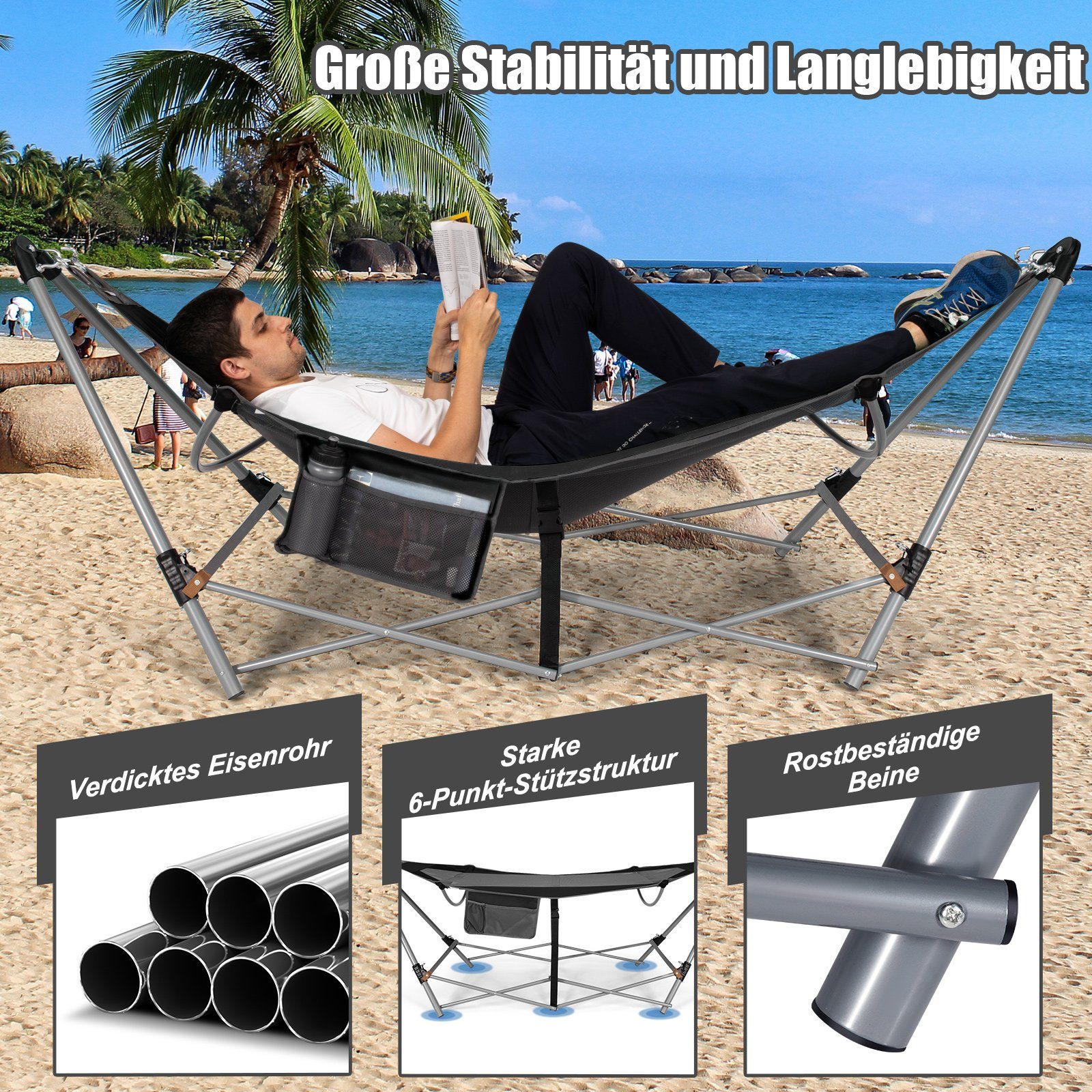 COSTWAY Hängematte mit Gestell, outdoor tragbar mit Seitentasche