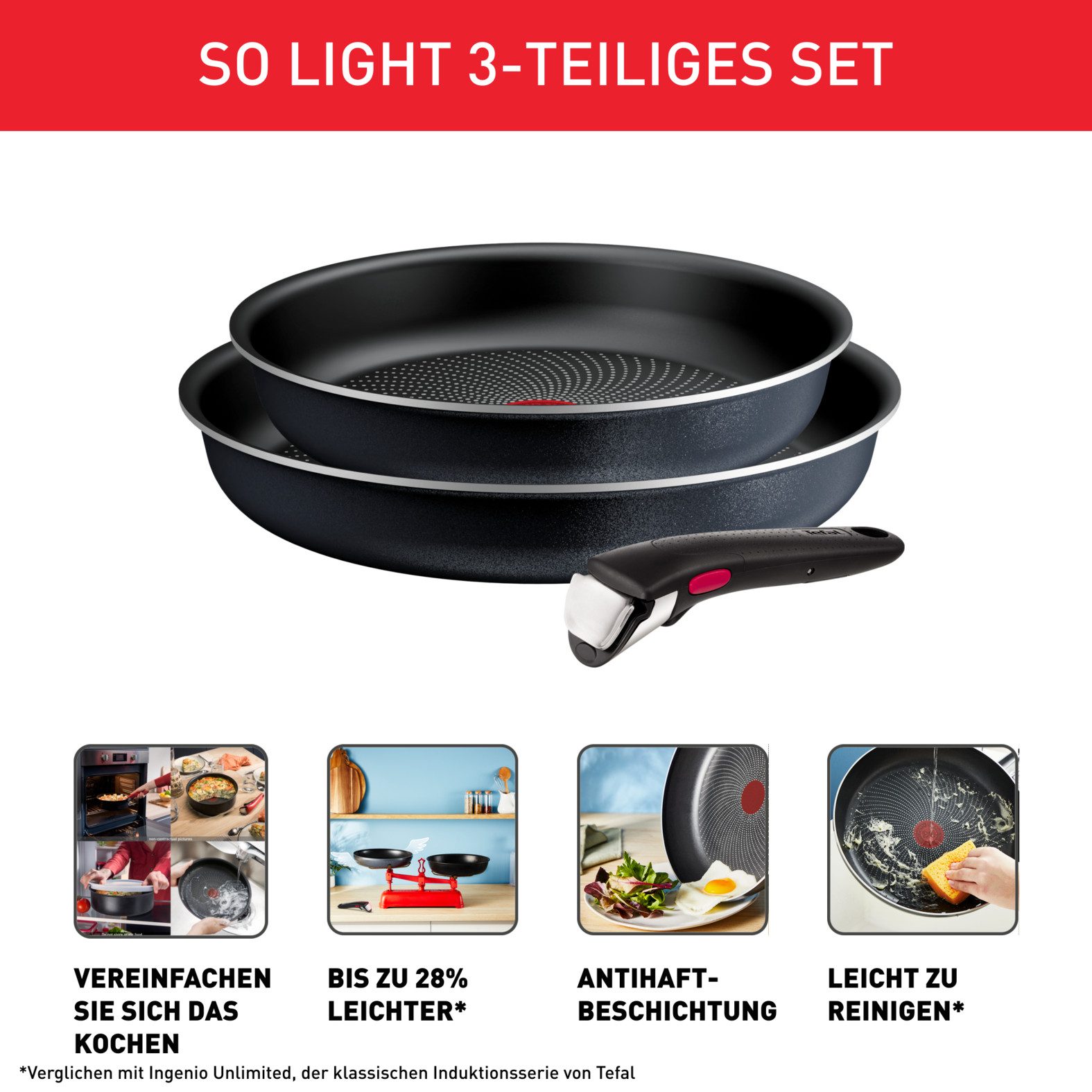 Tefal Pfannen-Set Ingenio So'Light, Pfannenset abnehmbarer Griff, Light Tech Technologie, Aluminium (Set, 3-tlg., 2x Pfannen Ø 24/28 cm, 1x abnehmbarer Griff, Made in France), stapelbar, platzsparend, einfache Reinigung, Induktion, L72391