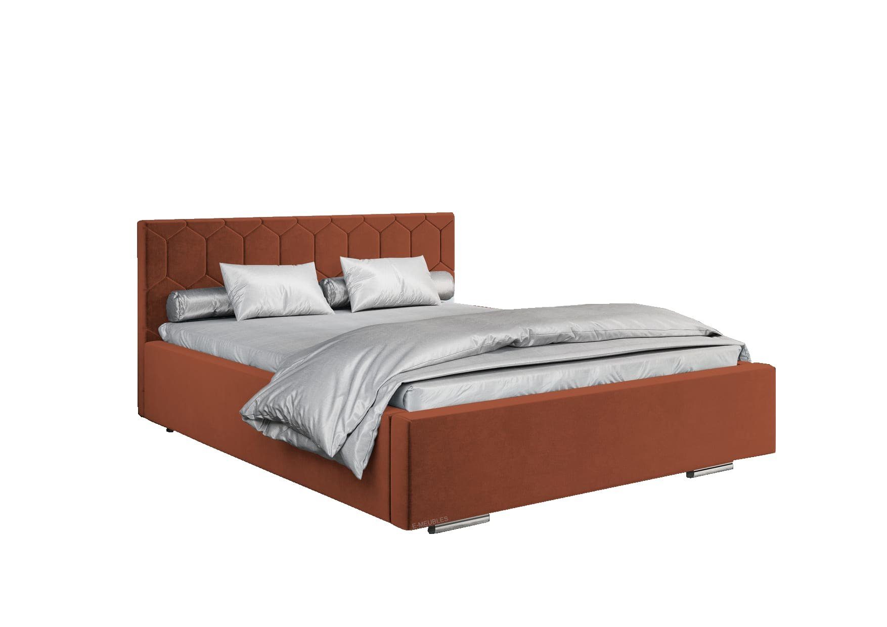 MOEBLO Polsterbett Bett 02 (Double Doppelbett mit Kopfstütze, Rahmenbettgestell, mit Bettkasten und Lattenrost), gepolstertes Kopfteil Rust (Trinity 25)