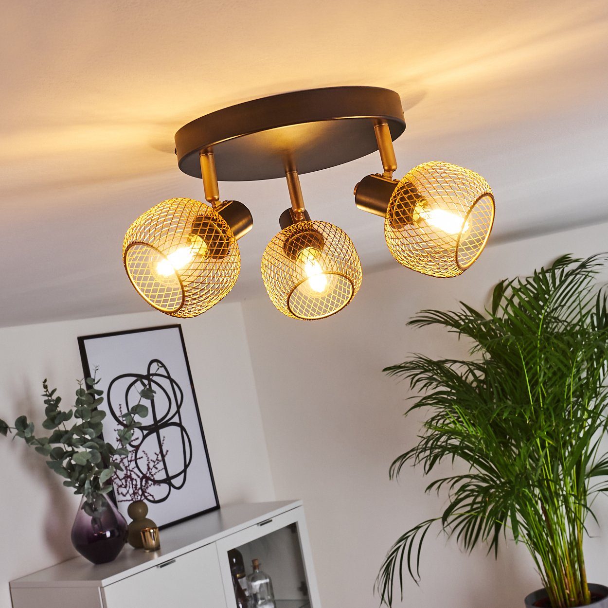 3xE14 Leuchtenköpfe, Leuchtmittel, aus Metall runde mit Zimmerlampe schwarz/goldfarben, in »Lesa« hofstein Zimmerlampe verstellbaren Deckenleuchte ohne