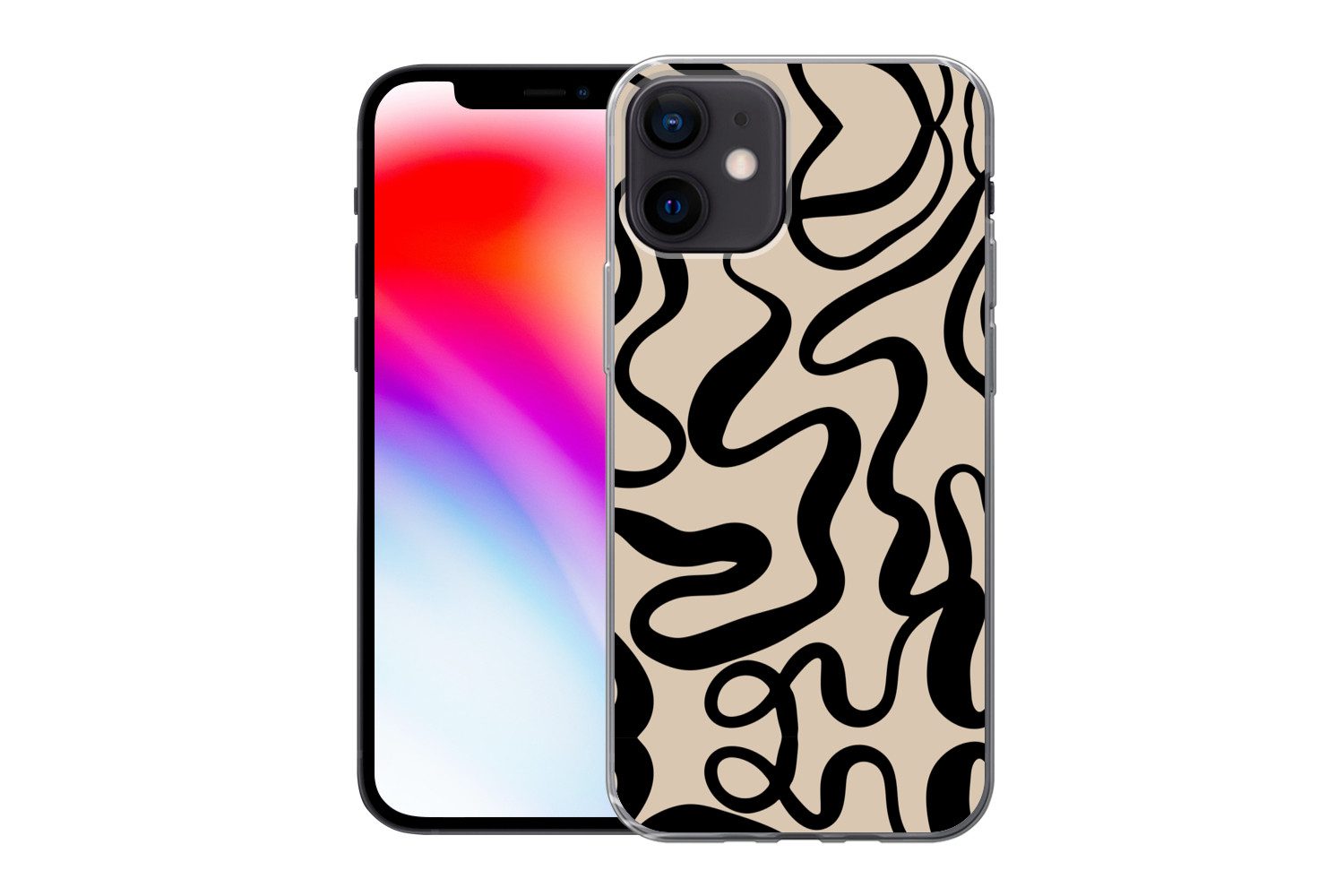 MuchoWow Handyhülle für Apple iPhone 12 Linien - Schwarz - Beige - Abstrakt - Minimalistis, Smartphone-Bumper, Print, Handy Schutzhülle Dünn