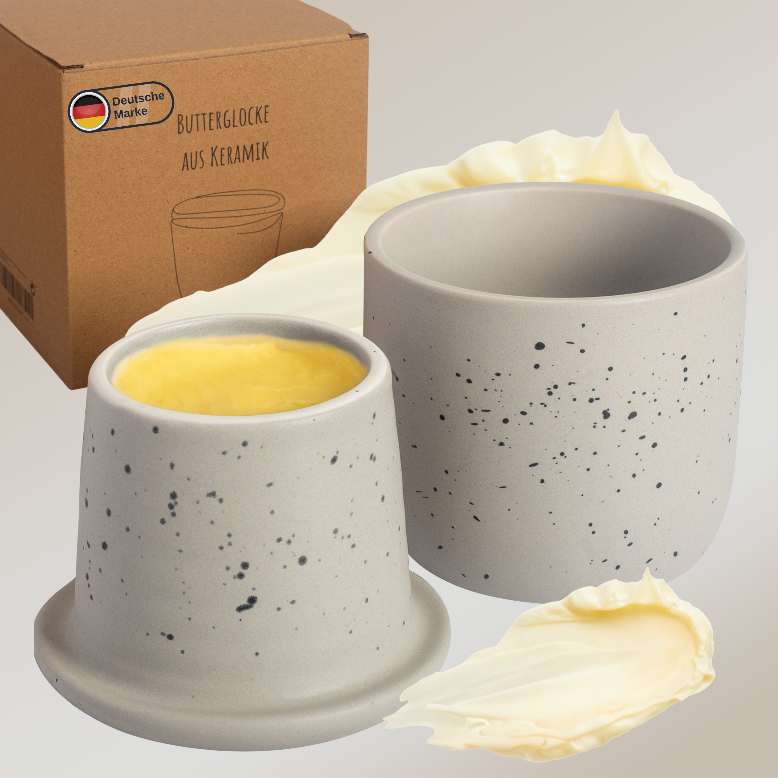 DEKAZIA Butterglocke aus hochwertiger Keramik, Butterdose ohne Kühlung,(Buttergeschirr Keramik Butterbehälter mit Wasser Butterglocke Keramik Butterdose für weiche Butter, Butterdose mit Wasserbad Französische Butterdose Buttertopf Keramik) Hochwertige Keramik, Minimalistisches Skandi Design
