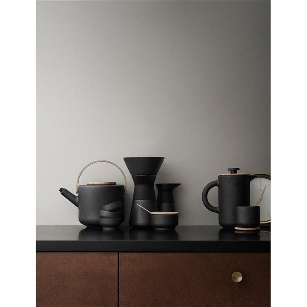 Stelton 0,6l Kaffeekanne, Theo, mit Bambus-Deckel, Steingut, aus Schwarz, Kaffeefilterkanne Kaffeebereiter