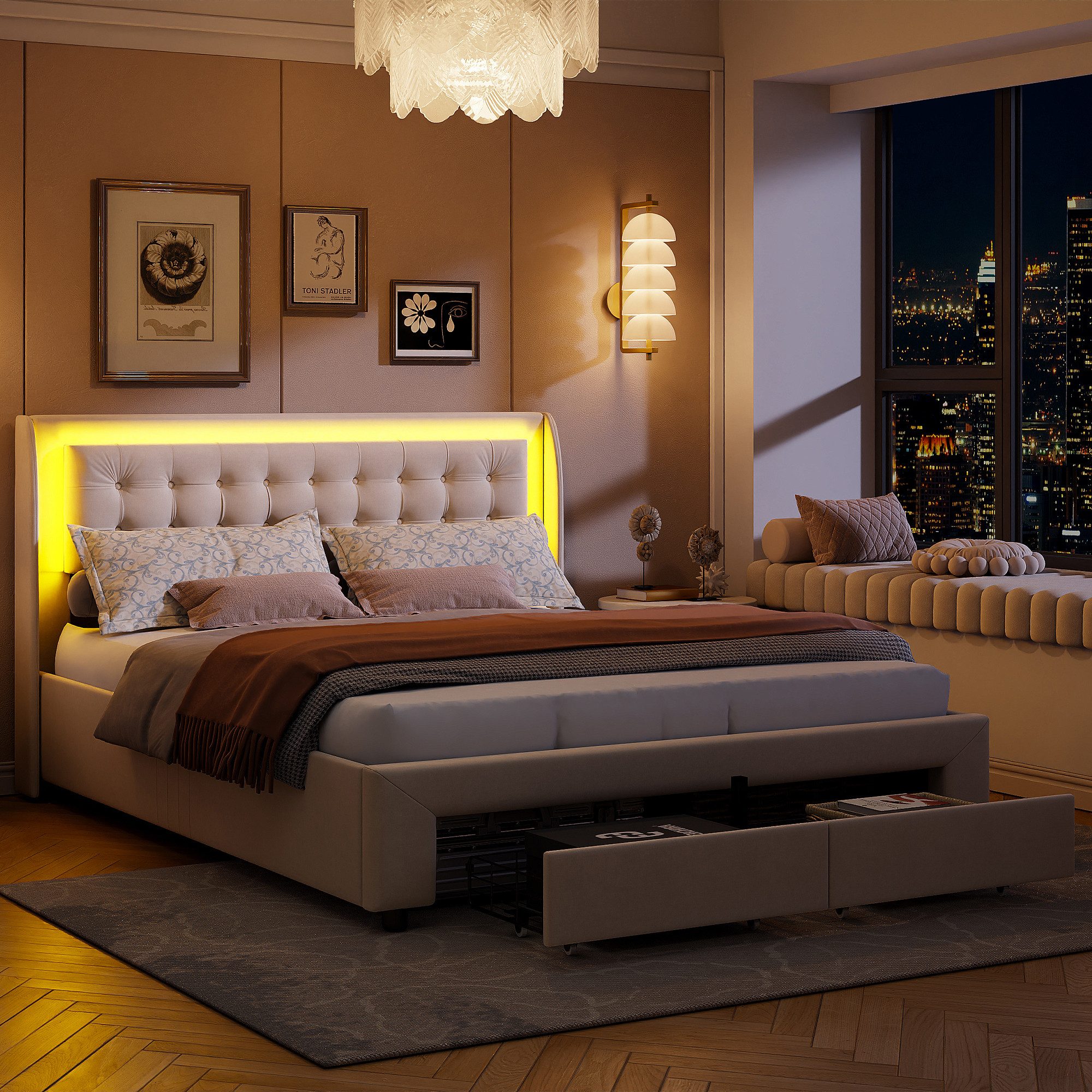 PXloue Polsterbett Polsterbett mit Stauraum und RGB-LED-Beleuchtung, beige Samt, Mit Gasdruckfedern, dimmbarer LED und Stauraum.