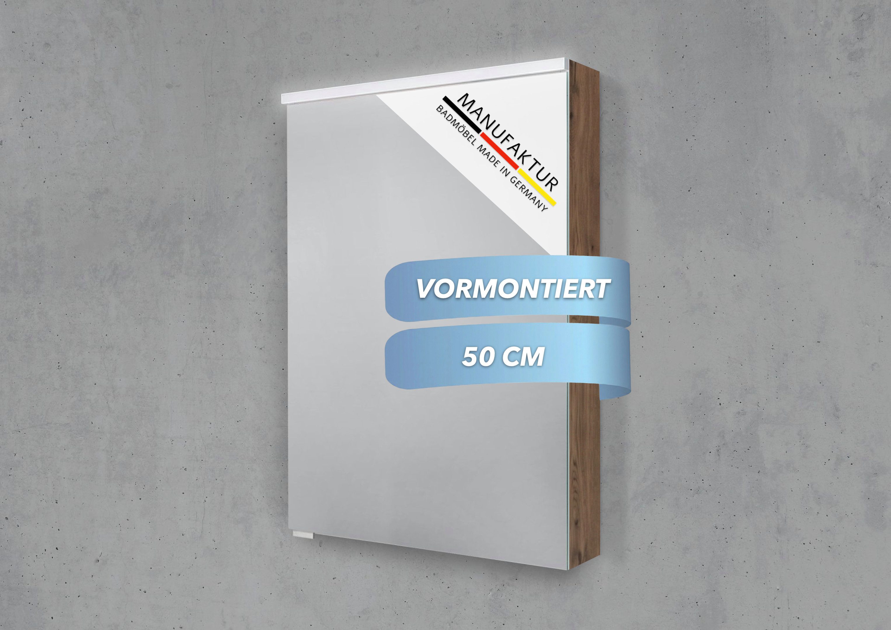 Intarbad Badezimmerspiegelschrank 1-türiger Spiegelschrank mit MULTI LED Beleuchtung, stufenlos dimmbar (Doppelspiegeltür, Holz-/ Lackdekore, Maße 50 cm, Höhe 71,8 cm, Glasfachböden, Magnetleiste & Kosmetikspiegel Ø 12 cm) Vormontierte Lieferung, Floatglas, 160 kg Traglast, Made in Germany