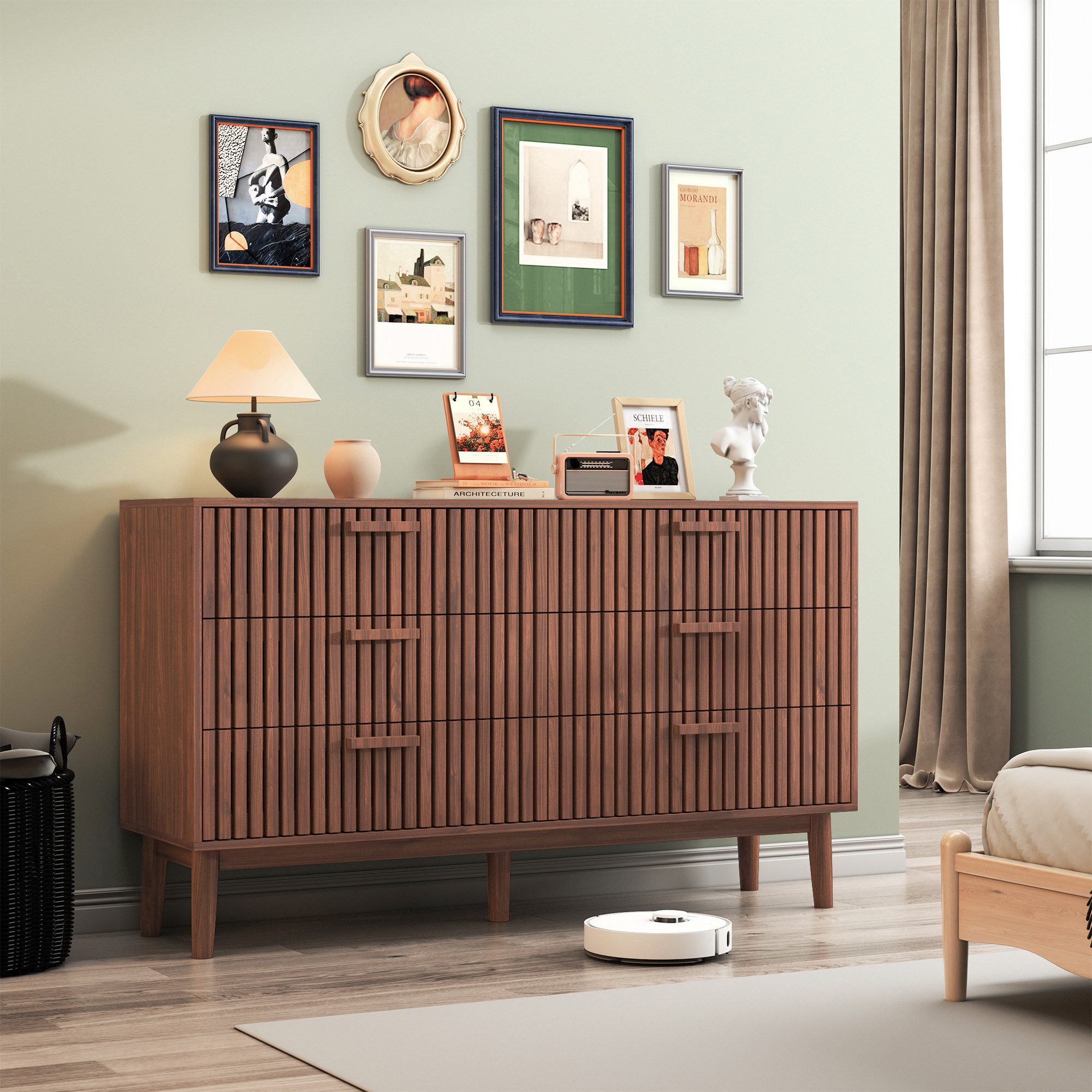 FUROKOY Kommode Sideboard Holz Küchenschrank für Wohnzimmer Schlafzimmer, Buffetschrank mit 6 Schubladen,Walnussholzfarbe