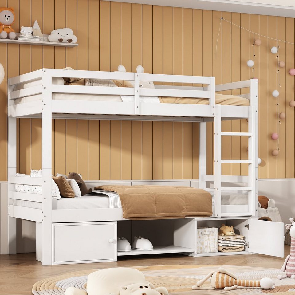 REDOM Etagenbett Holzbett (Bett aufgeteilt in 2 Einzelbetten, Jugendbett,  Einzelbett, Kinderbett mit Schuhregale und Schließfächer 90x200cm), ohne  Matratze