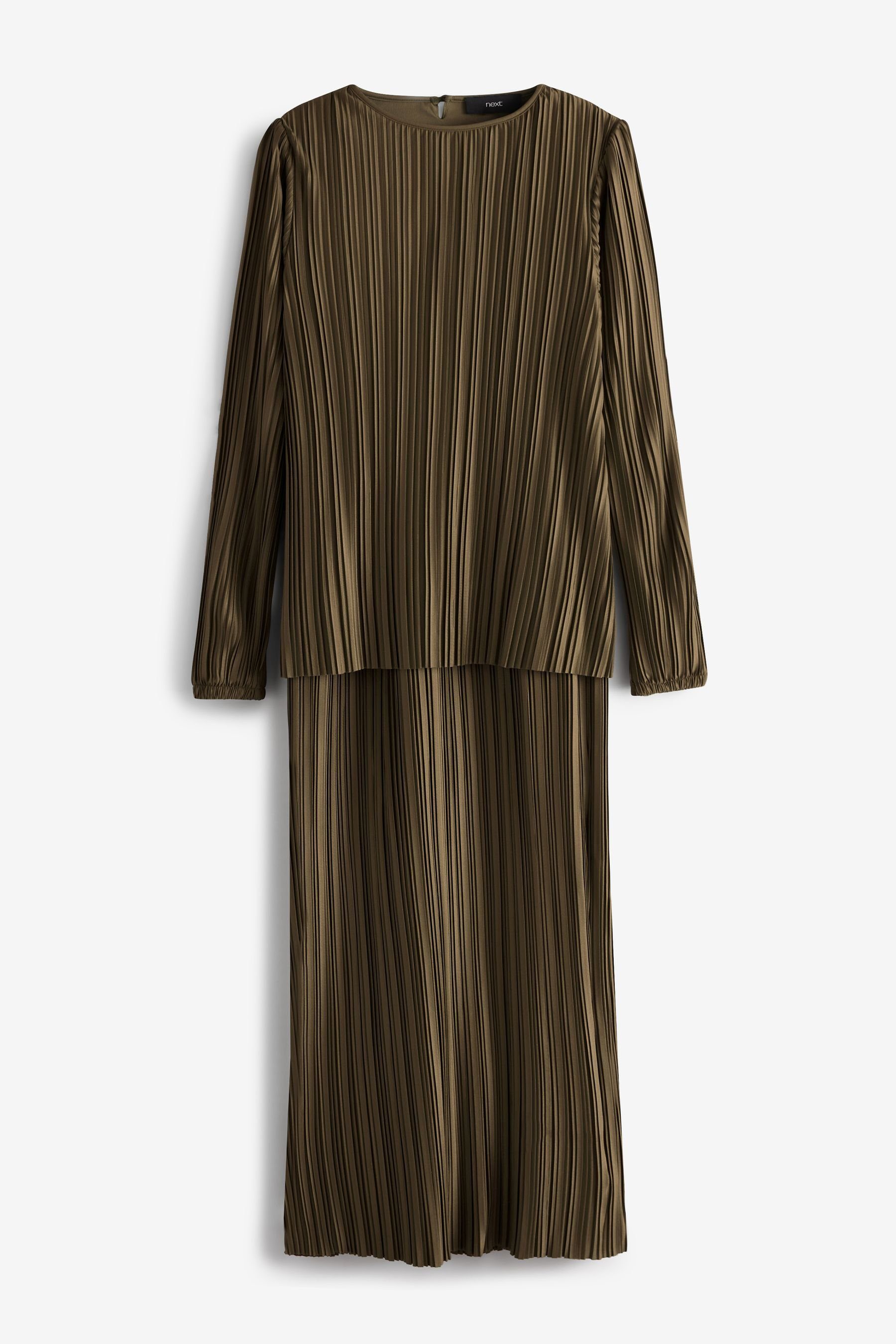 Next Plisseekleid Langes, mehrlagiges Kleid aus plissiertem Satin (1-tlg) Khaki Green