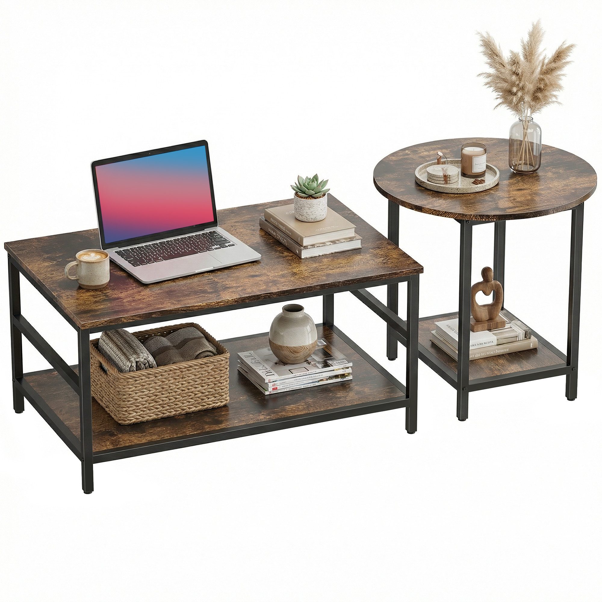 HOMCOM Beistelltisch Couchtisch mit Ablagen (Wohnzimmertisch, 2-St., Kaffeetisch), für Wohnzimmer, Schlafzimmer, Rustikal-Braun