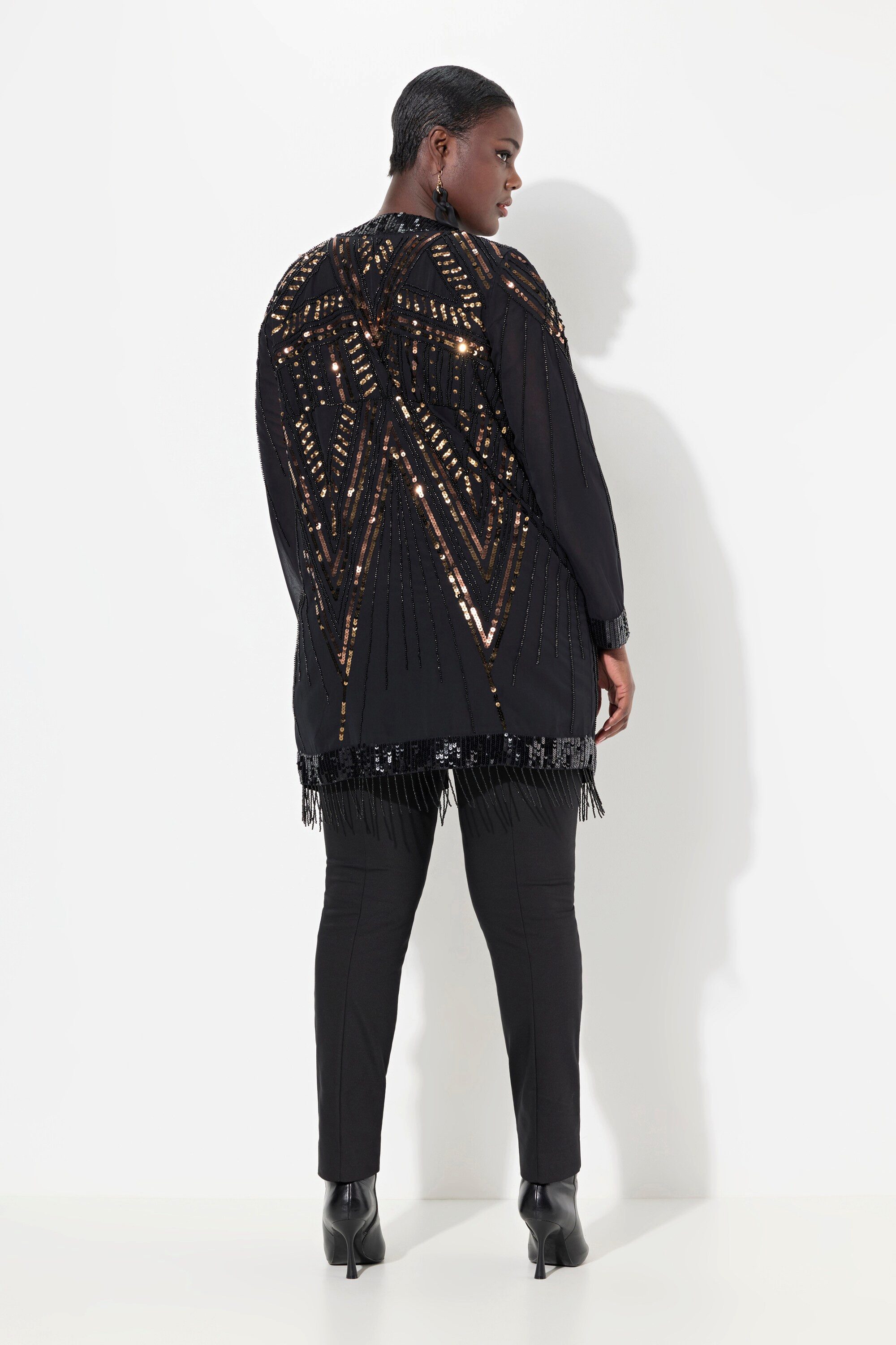Ulla Popken Kimono Jacke Perlen Pailletten V-Ausschnitt Langarm, Langform, Materialmix