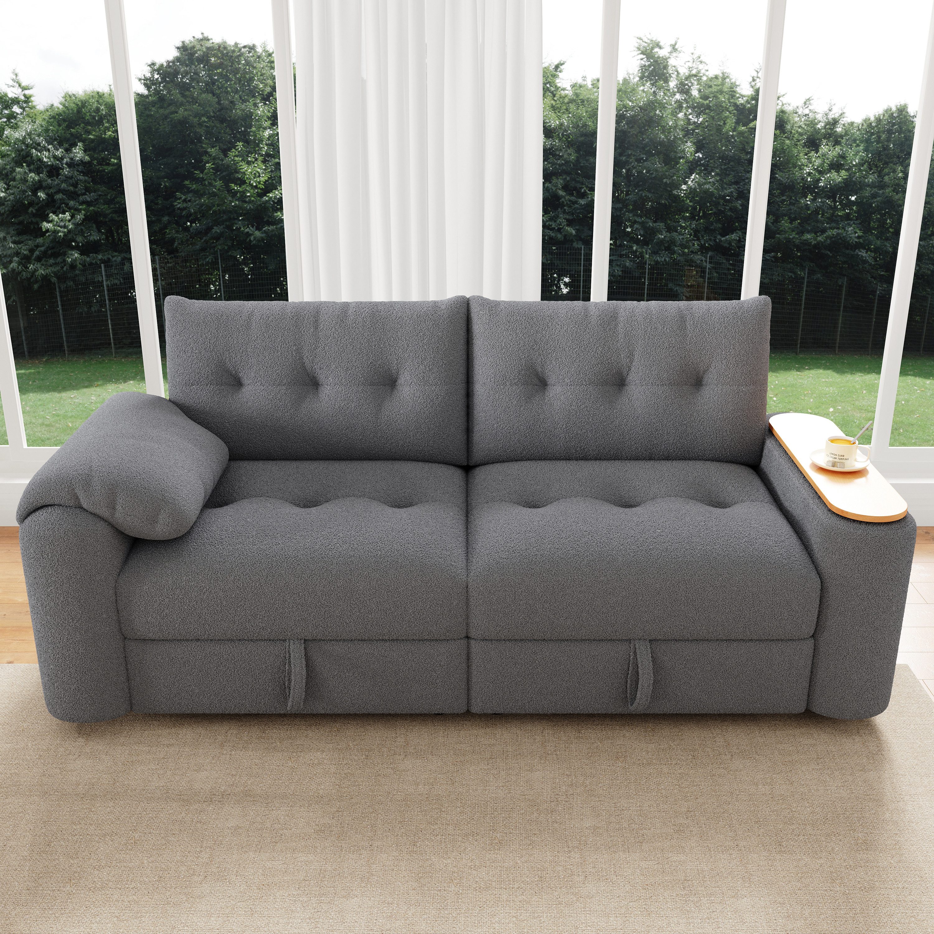 Merax 3-Sitzer klein modular Sofa mit Stauraum, Teddyplüsch, Schlafcouch für Apartment, Wohnzimmer & Gästezimmer 1 Teile, Sofa mit Kopfstütze, drehbarem Beistelltisch & verdecktem Stauraum