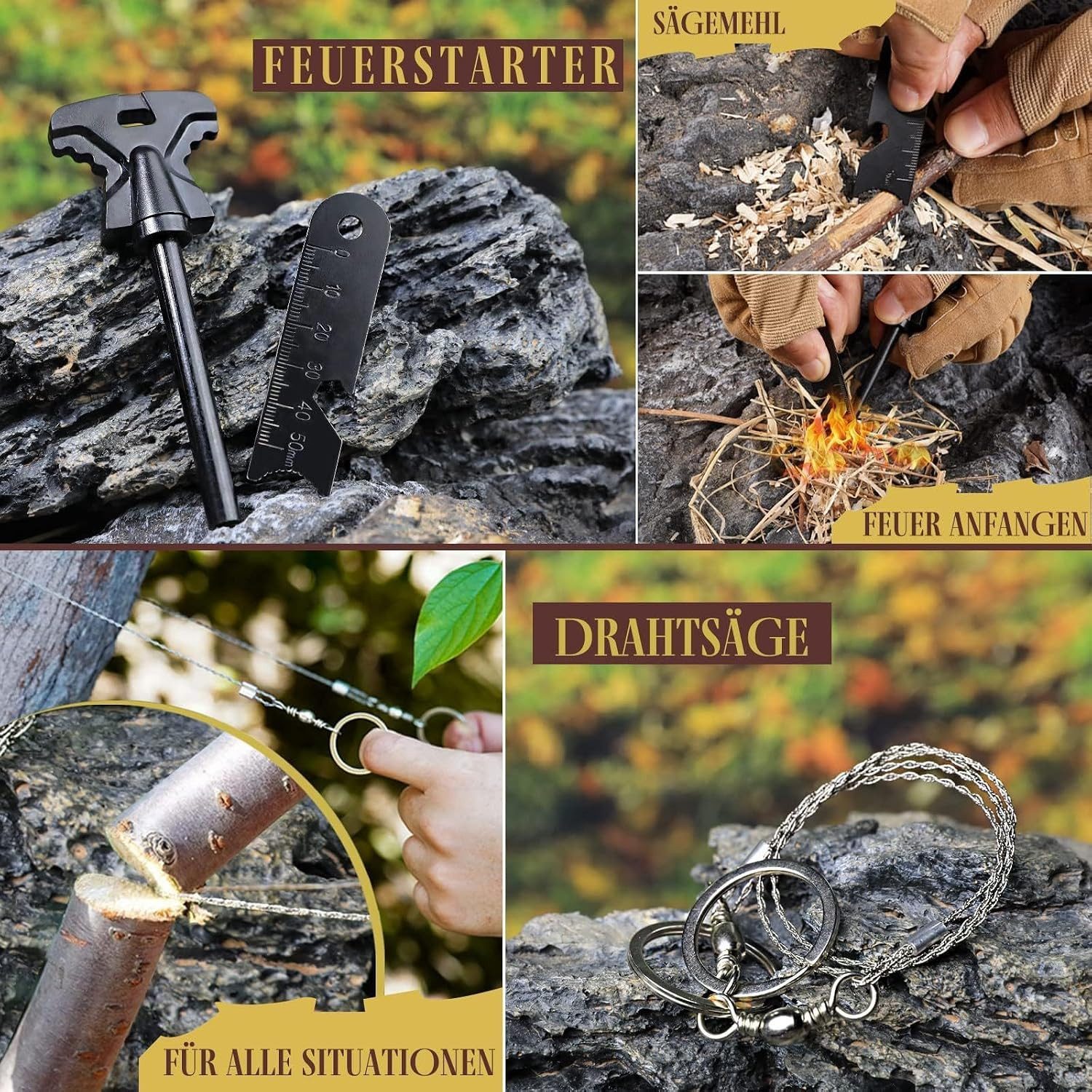 Vivitar Multitool 13-in-1 Survival Kit für Männer, Outdoor Ausrüstung mit Taschenlampe, (Feuerstarter, Paracord Armband, Notfalldecke, Multifunktionskarte, 13 S – Bild 3 von 5