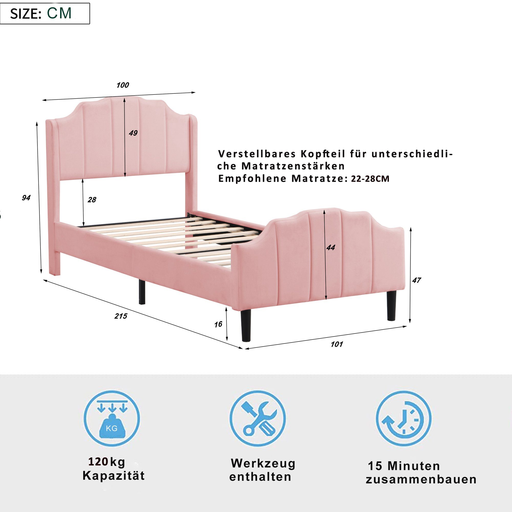 Polsterbett (Einzelbett 90 x 200 cm mit Kopfteil und Lattenrost), Jugendbett mit Gepolstertes Kopfteil, Bezug aus Samt