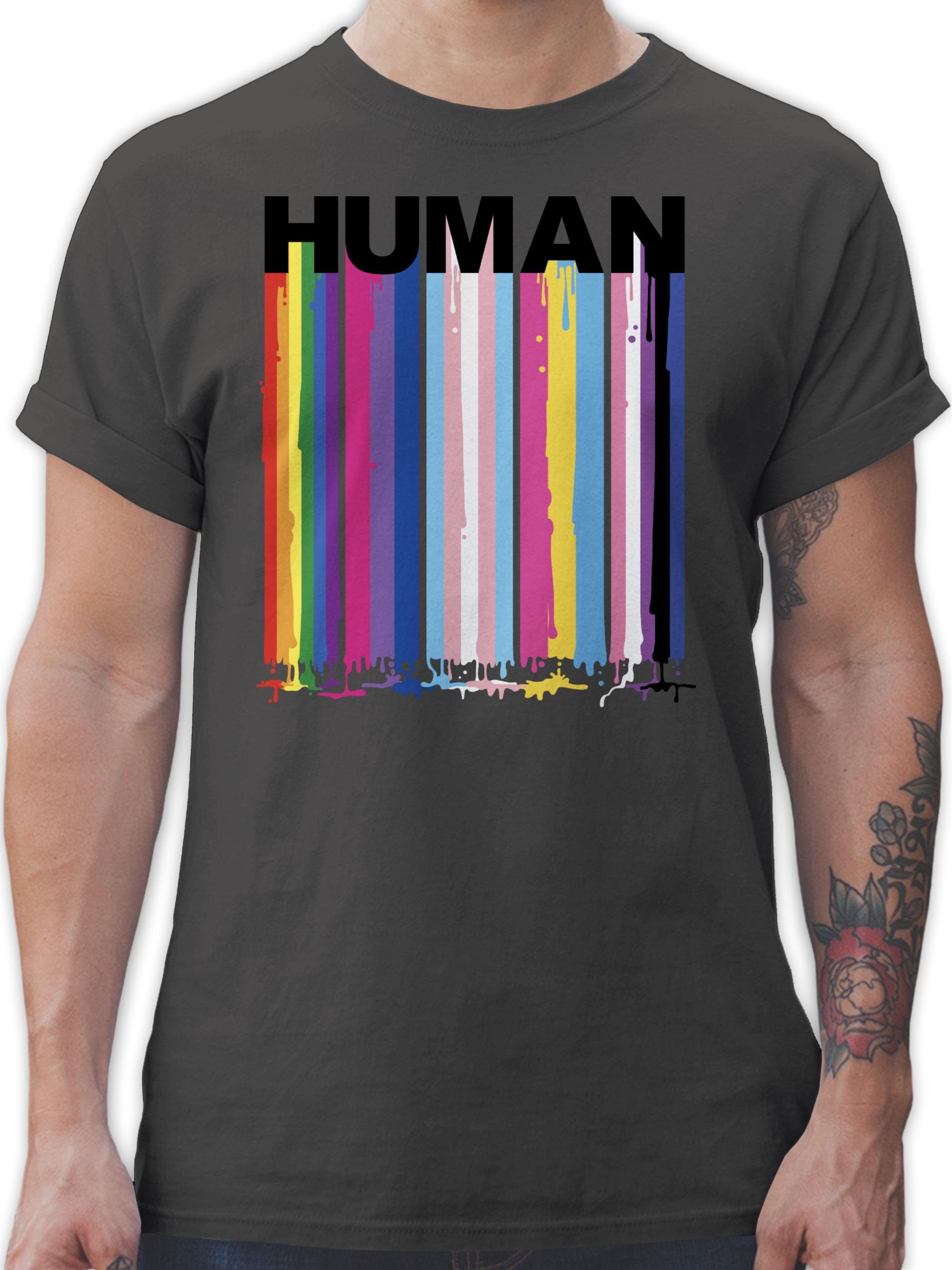 Shirtracer T-Shirt HUMAN Blockschrift Regenbogen Farben Tropfen LGBT Kleidung 2 Dunkelgrau