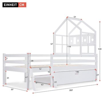 Flieks Hochbett Kinderbett Hausbett mit Schublade und Leiter 90x200cm Kiefer