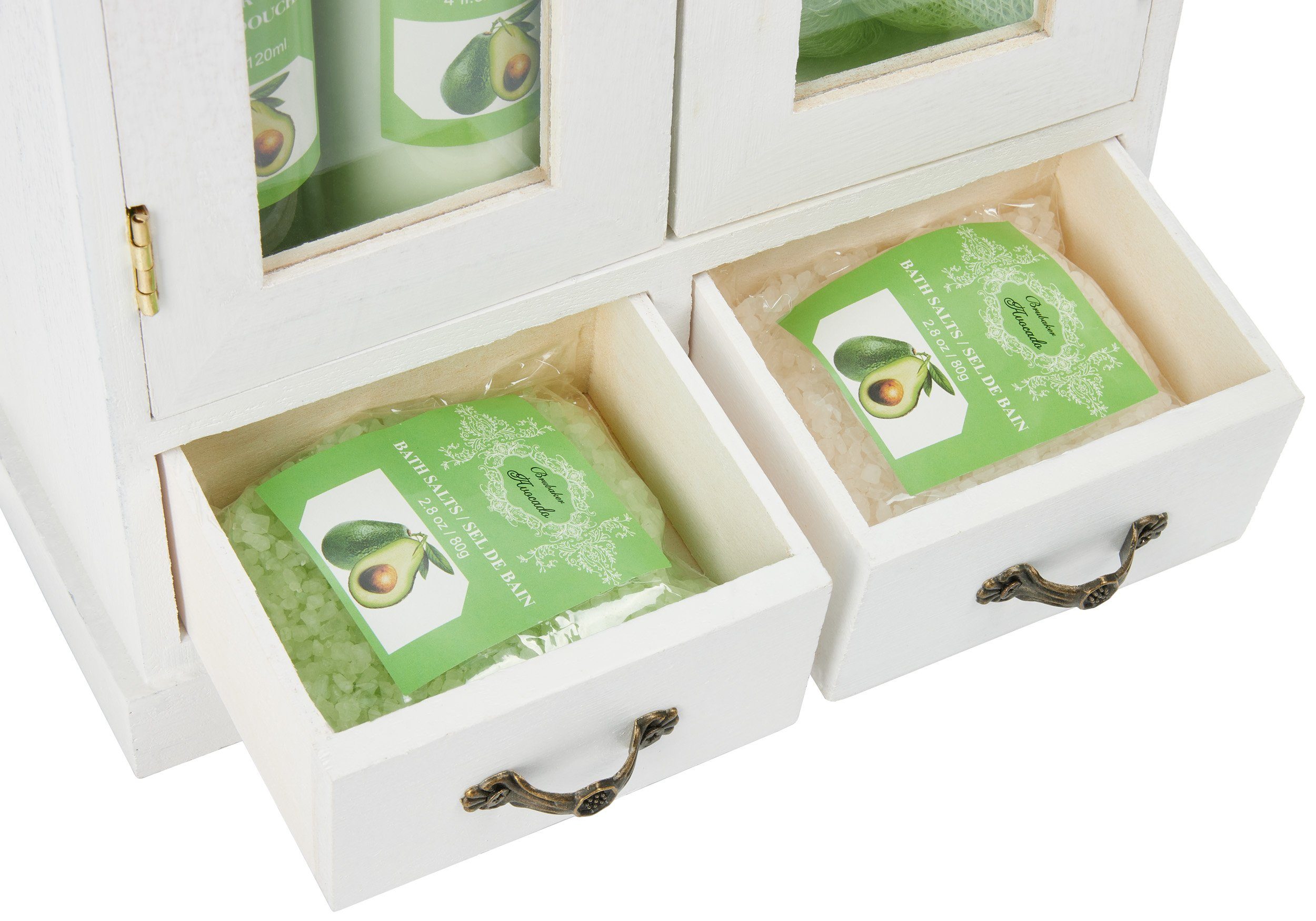 BRUBAKER Hautreinigungs-Set Bade- und Dusch Set, Badeset mit Avocado Duft, Pflegeset, 10-tlg., Damen Geschenkset im Vintage-Schränkchen, reinigend und pflegend