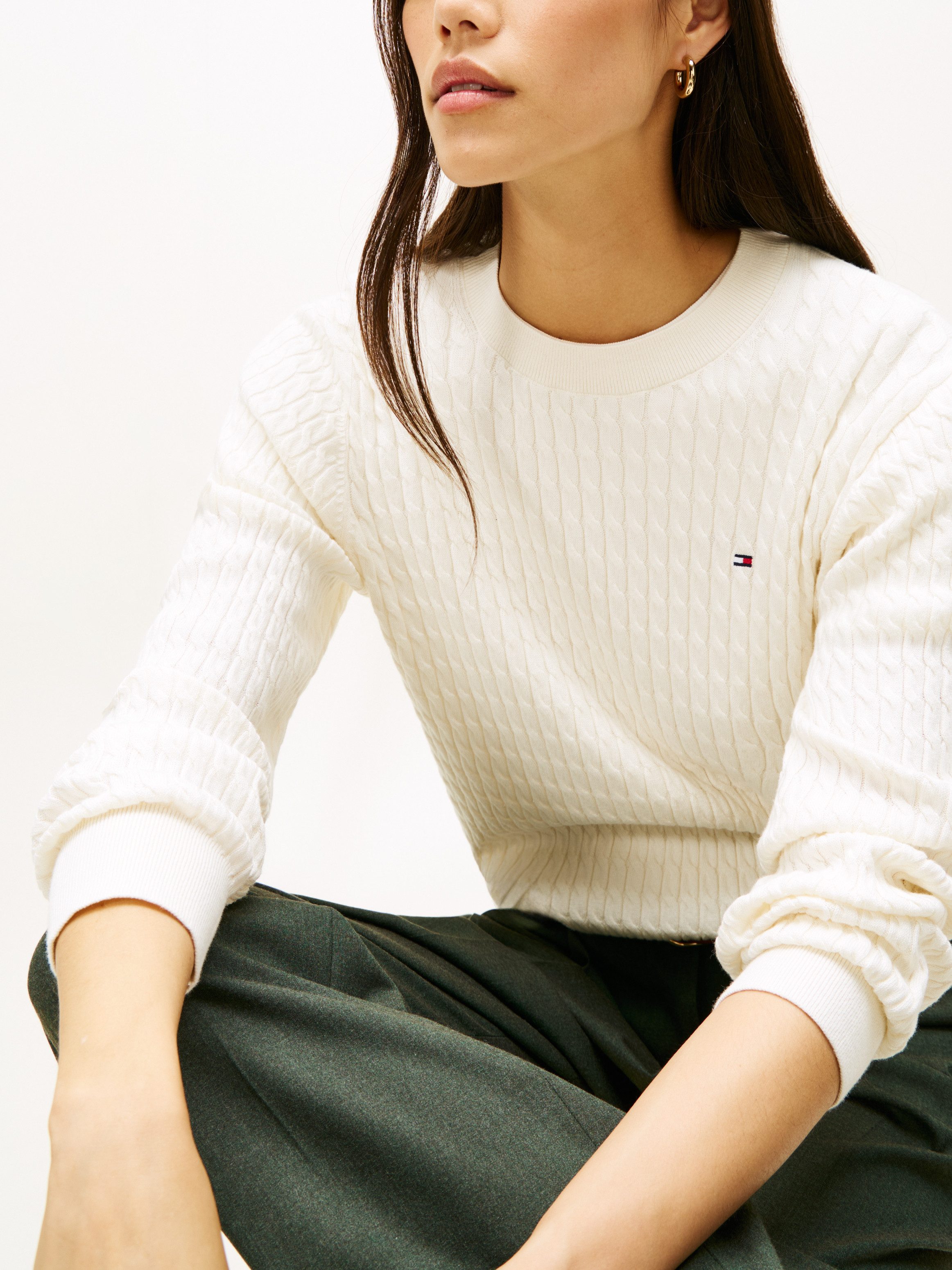 Tommy Hilfiger Rundhalspullover CO CABLE C-NK LS SWEATER Baumwolle, mit Zopfmuster, Regular Fit