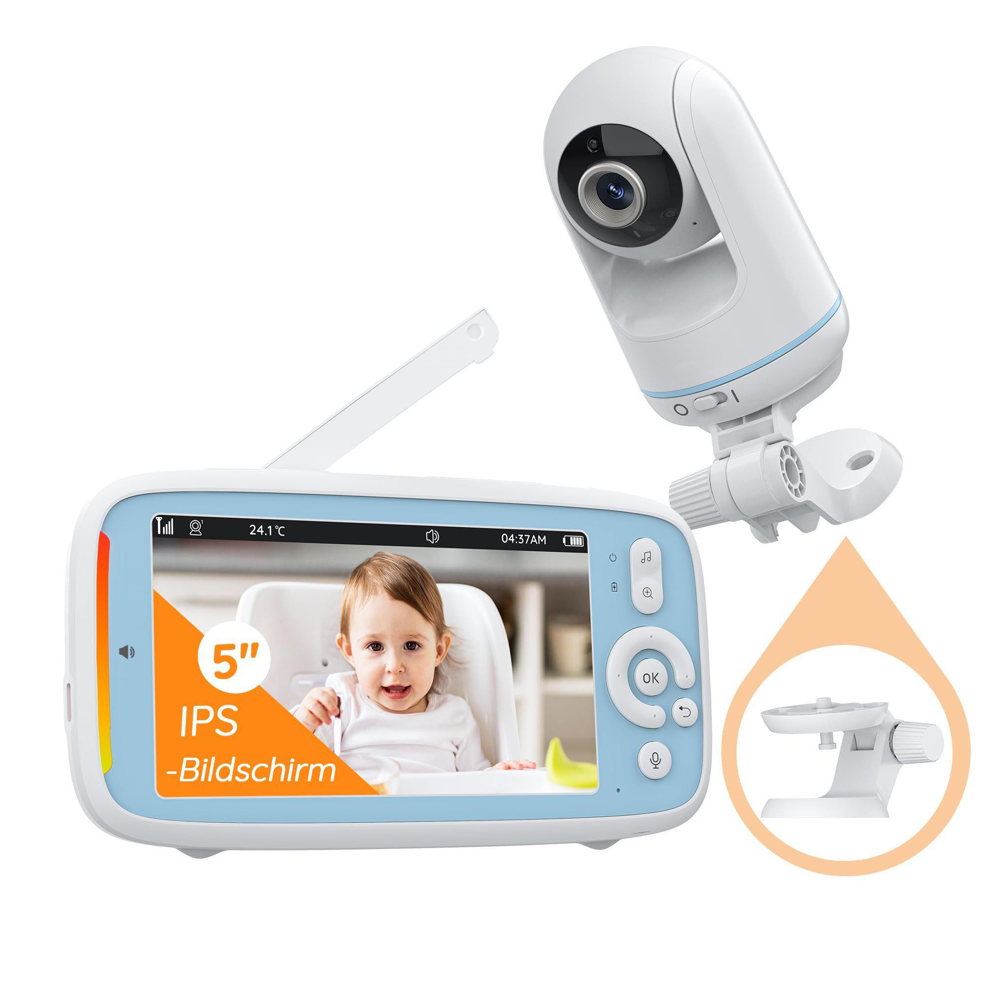 Babyphone Babyphone mit Kamera, 5 Zoll IPS, 330° PTZ 3050mAh Akku