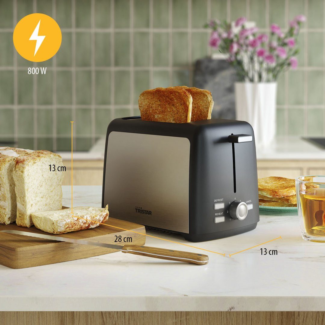 Tristar Toaster Tristar BR-1058 Edelstahl-Toaster – 7 Bräunungsstufen – 2 Schlitze, 2 kurze Schlitze, für 2 Scheiben, 800 W, Edelstahldesign, Krümelschublade, 7-Stufig