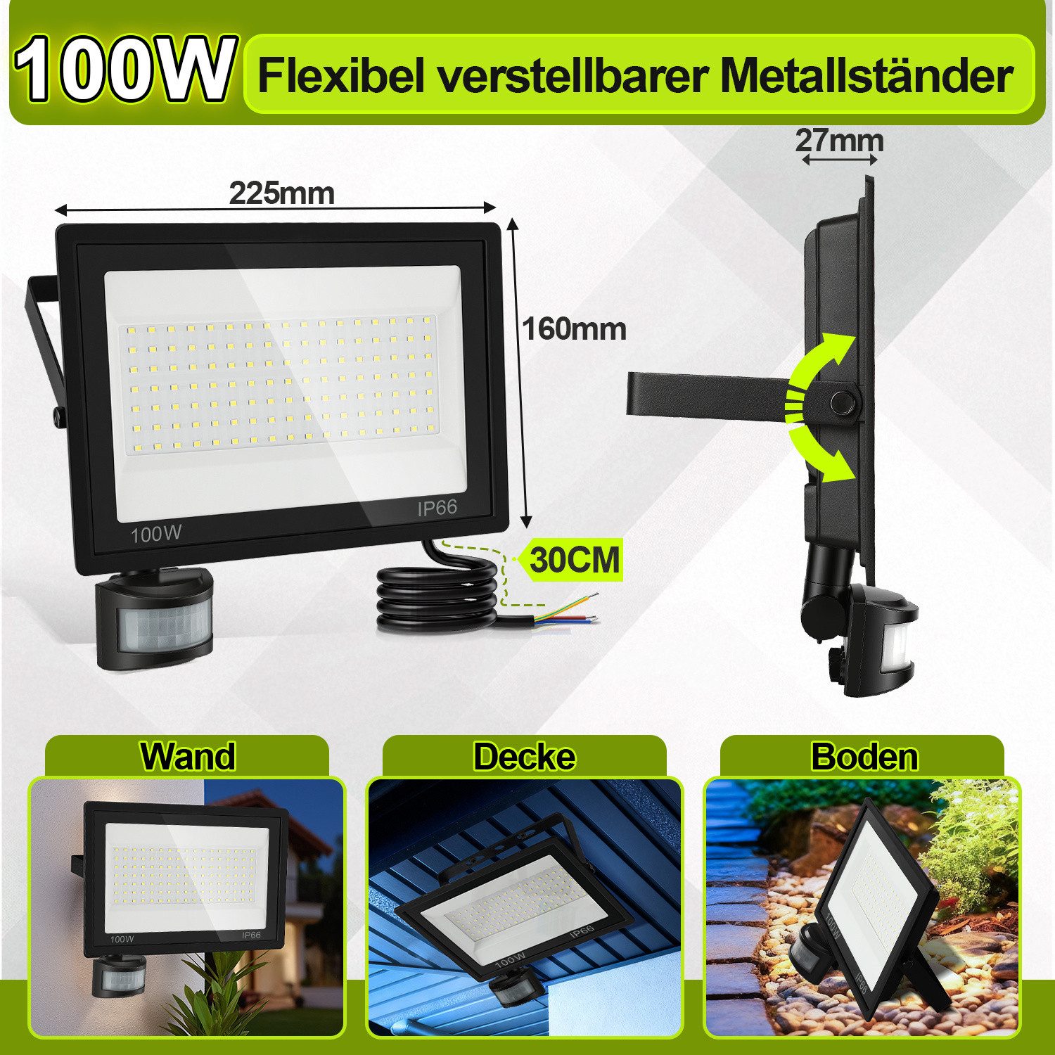Clanmacy LED Flutlichtstrahler LED Fluter mit Bewegungsmelder 100W Außenleuchte Kaltweiß Spotlight – Bild 2 von 5