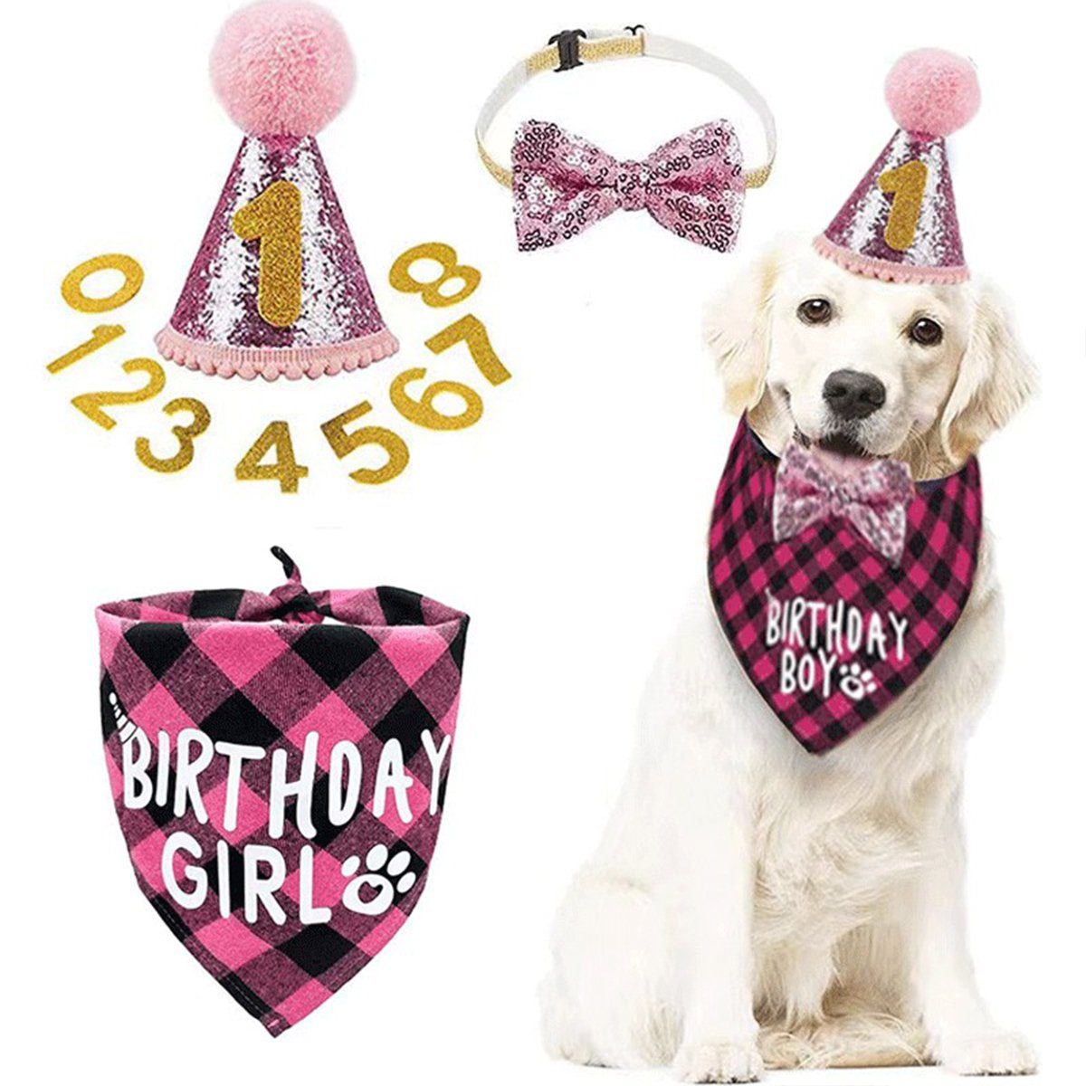 XDeer Hundekostüm Bandana Hunde Zubehör Set Hund Geburtstag Bandana Set, Schals Fliege Halsband Hund Geburtstag Deko für Partyzubehör