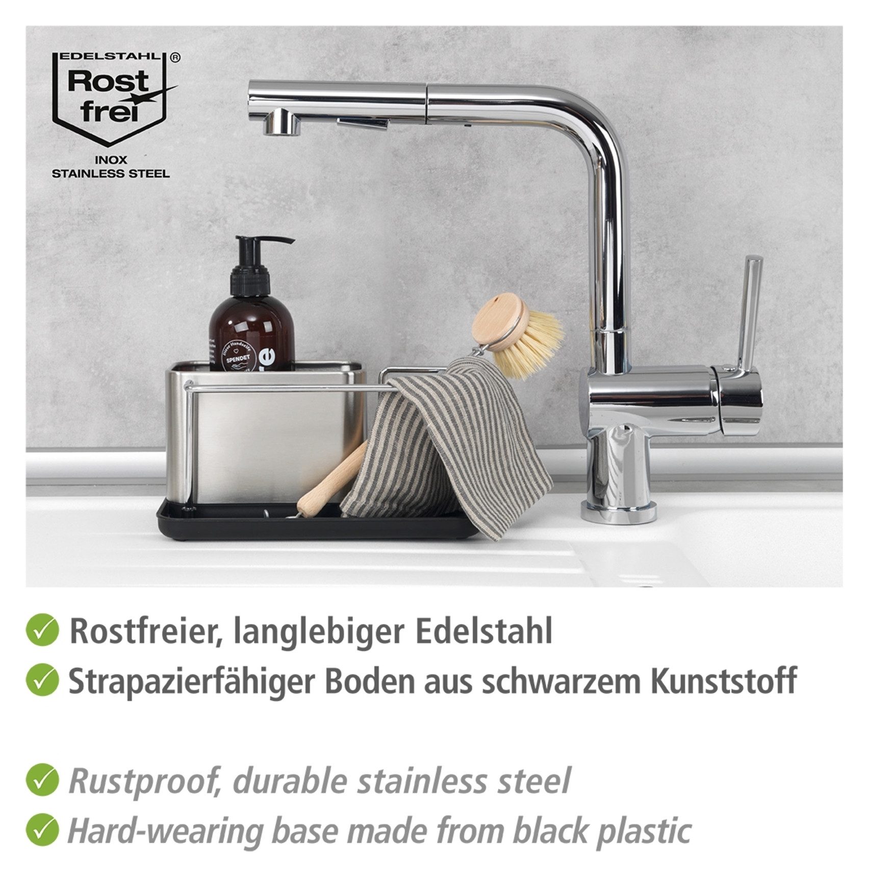 WENKO Geschirrständer Modell Orio, Spülbecken-Organizer aus rostfreiem Edelstahl, für Spülutensilien