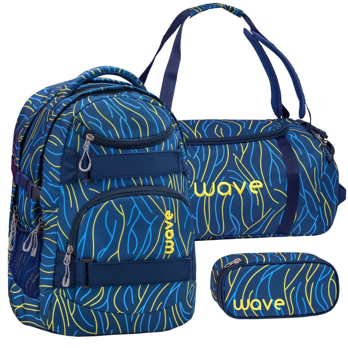 Wave Schulrucksack Infinity, Schultasche, für Teenager ab und Klasse, Yellow 3tlg. Set, 5. Jungen Mädchen Lines