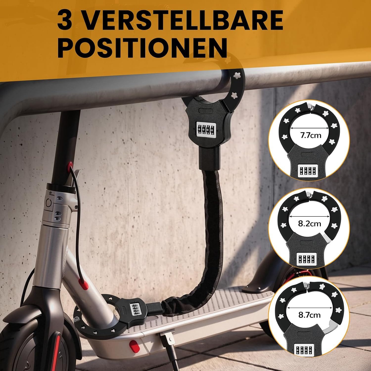 TLGREEN Kettenschloss E Scooter Schloss mit Zahlencode (6mm gehärtete Stahlkette schlüsselloses Kettenschloss, 4-stelliger Code mit 10.000 Kombinationen), für E Scooter/Fahrräder/E-Bike/Motorrad