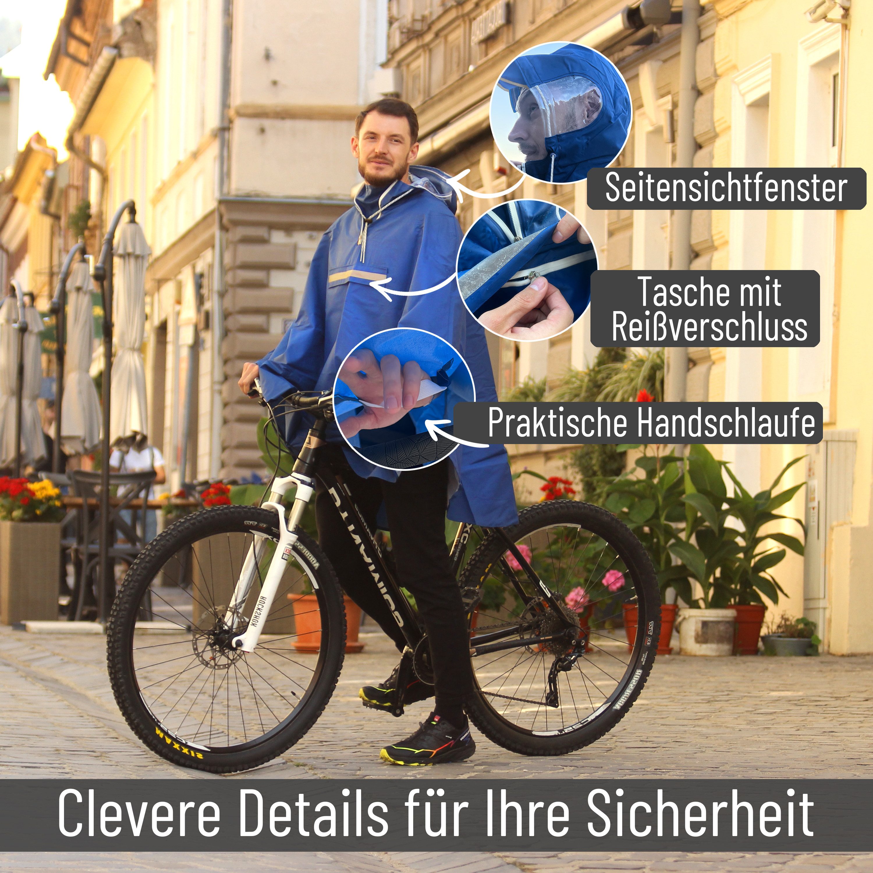 CYCLEHERO Regenponcho Fahrrad mit Reflektoren, wasserdicht, Blau, L, Unisex (1-St., L) Windstabiler Sitz, rucksacktauglich und platzsparend verstaubar