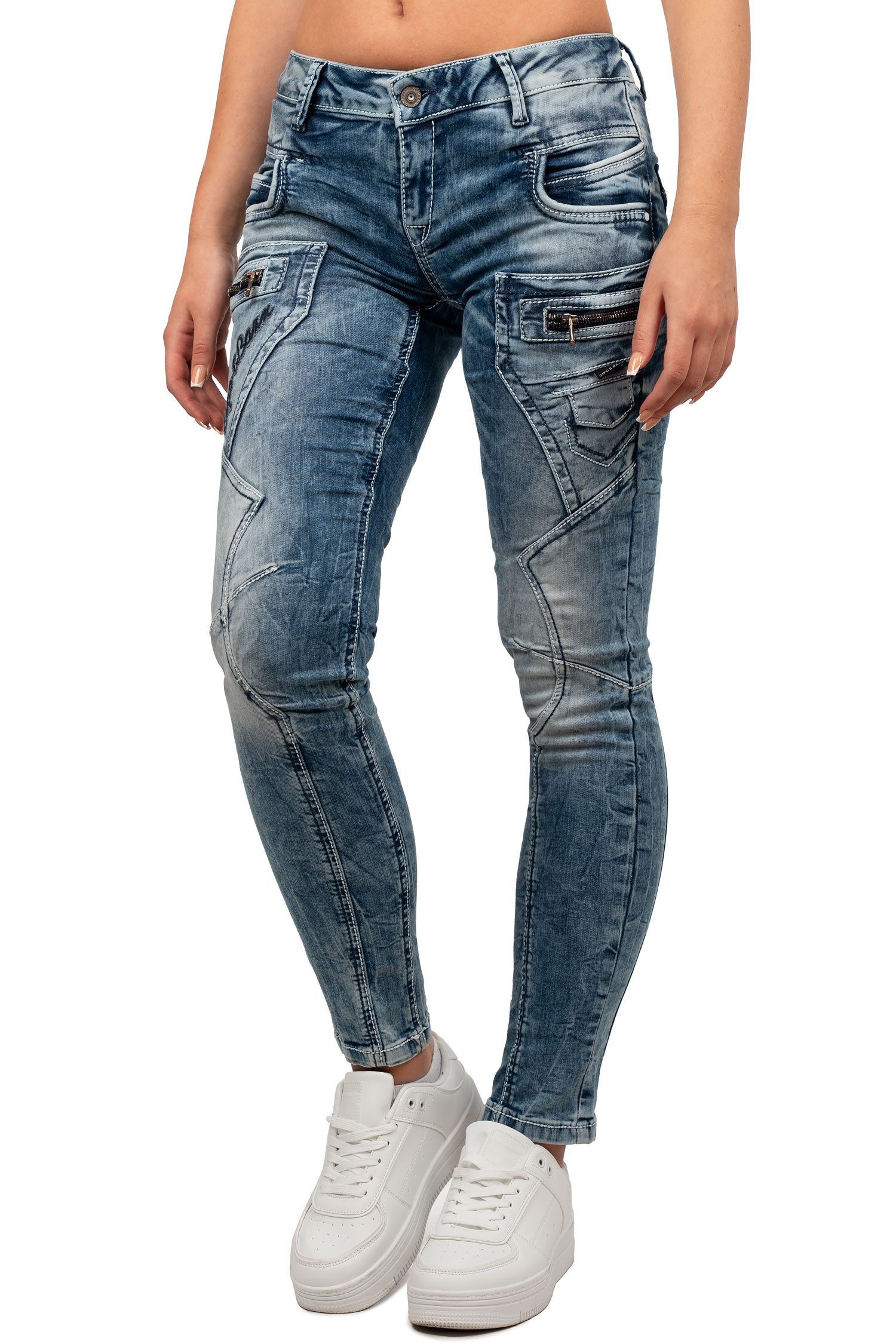 Cipo & Baxx Slim-fit-Jeans Damen Slim Fit Hose Stonewashed BA-WD322 im Biker Style mit Zippern und Ziernähten