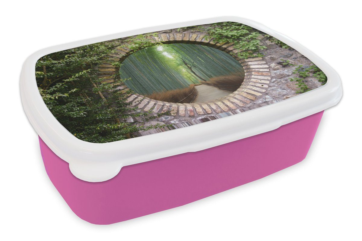 MuchoWow Lunchbox Bambus - Wald - Japanisch - Aussicht, Kunststoff, (2-tlg), Brotbox für Erwachsene, Brotdose Kinder, Snackbox, Mädchen, Kunststoff rosa