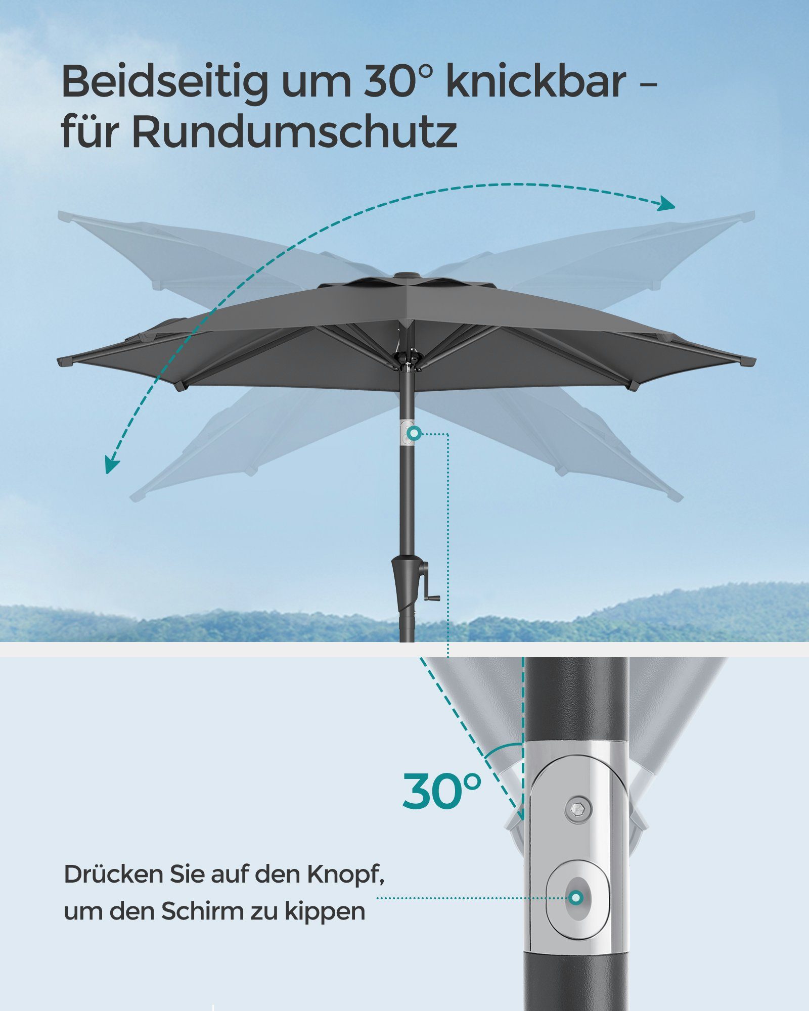SONGMICS Sonnenschirm, UPF 50+, mit Kurbel, beidseitig um 30° knickbar, ∅200cm, ohne Ständer