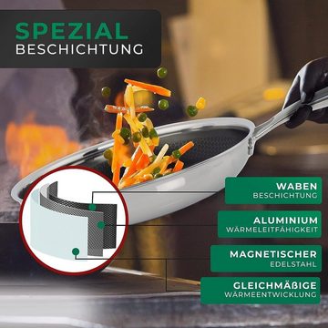 KESSMANN Bratpfanne Induktion Edelstahl Wokpfanne 32 cm 4tlg + Messerset 7tlg Wok, Edelstahl (Set, 11-tlg., Inkl. 1 Pfannenwender + 1 Untersetzer + 1 Holzlöffel Antihaft), Pfanne für alle Herdarten Bräter Kochbesteck Küchen Messer Set