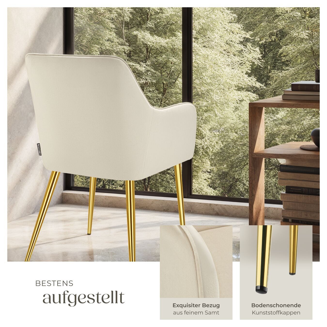 tectake Esszimmerstuhl Armlehnstuhl in Samtoptik, gepolstert, 55 x 63,5 x 86,5 cm (Küchenstuhl Avane in beige, 2 St), pulverbeschichtete Stahlbeine, bodenschone – Bild 4 von 5
