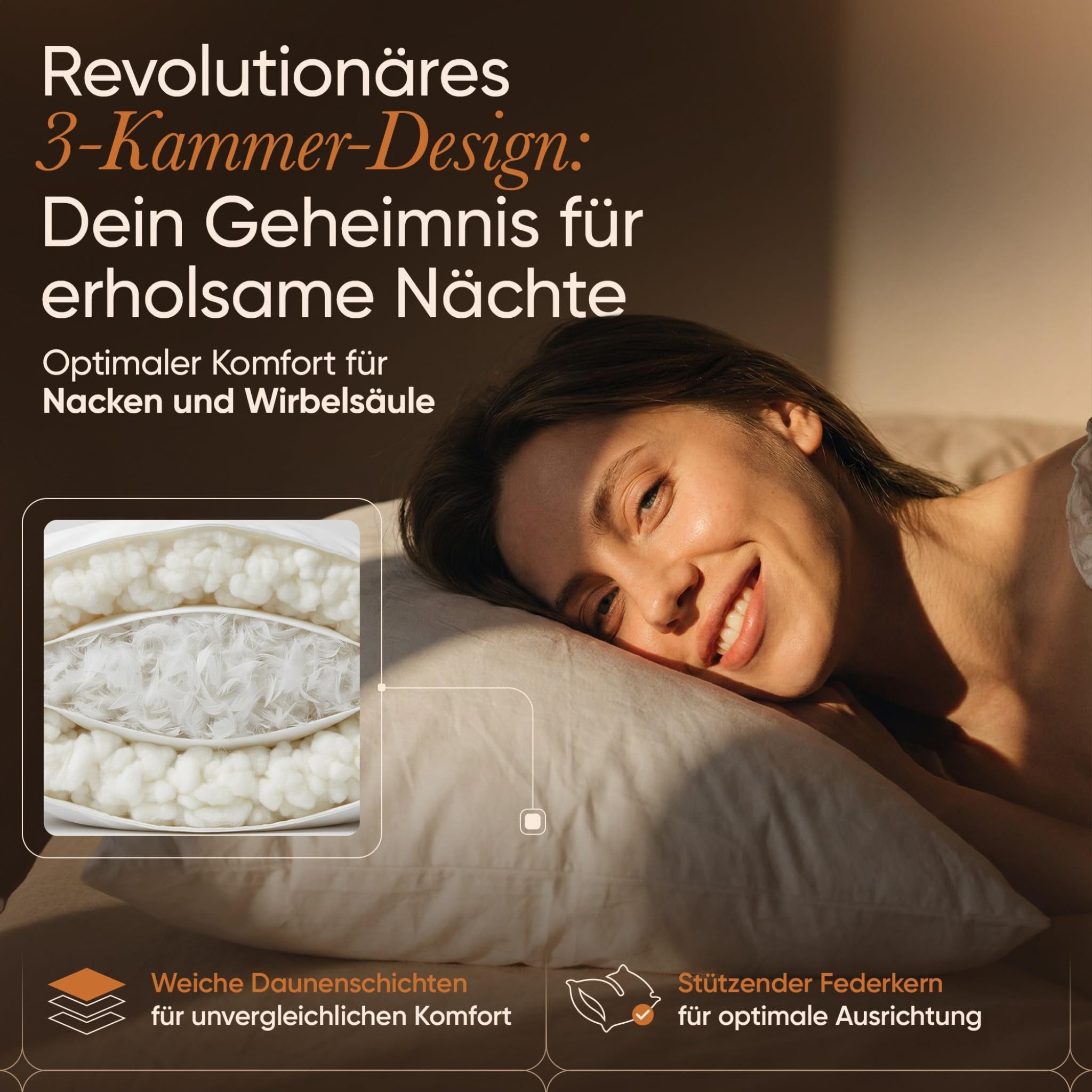 BEFA NATUR 3-Kammer-Kopfkissen TRÄUM SÜß - 3-Kammer-Kopfkissen Premium-Daunenkomfort, Füllung: Außen: 90% Daunen, 10% Federn - Innen: 100% Federn, Bezug: Baumwolle, Seitenschläfer, Rückenschläfer, Bauchschläfer, Spar-Set, Himmlisch weiche Premium-Daune für erholsamen Schlaf, Made in Germany