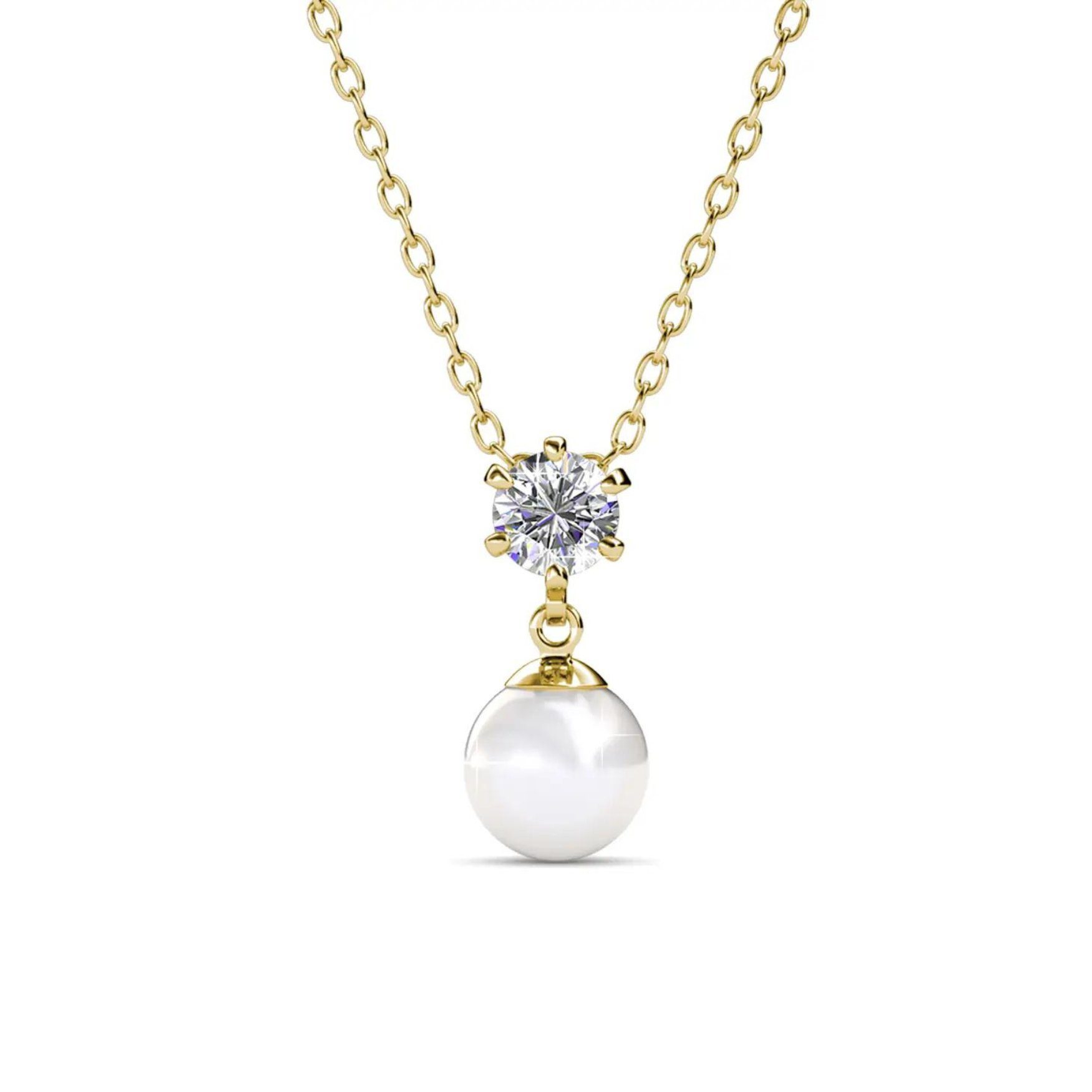 Ella Eisvogel Schmuckset 3-tlg. Pauline: Goldkette & Gold-Ohrringe (österreichische Kristalle & Echt-Perle), 18 Karat – Bild 3 von 5