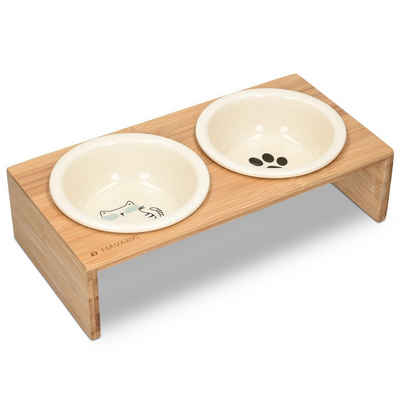 Navaris Tier-Beschäftigungsspielzeug 2x Futternapf mit Bambus Halter - 2er Set Keramiknapf für Katzen/Hunde, Bambus
