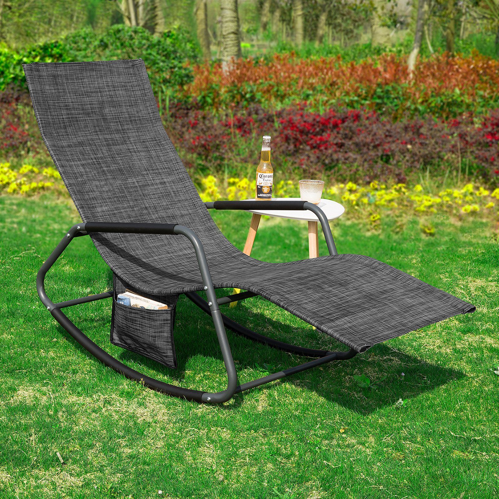 SoBuy Sonnenliege mit Seitentasche Garten Metall Kunstfasergewebe Schwarz O günstig online kaufen