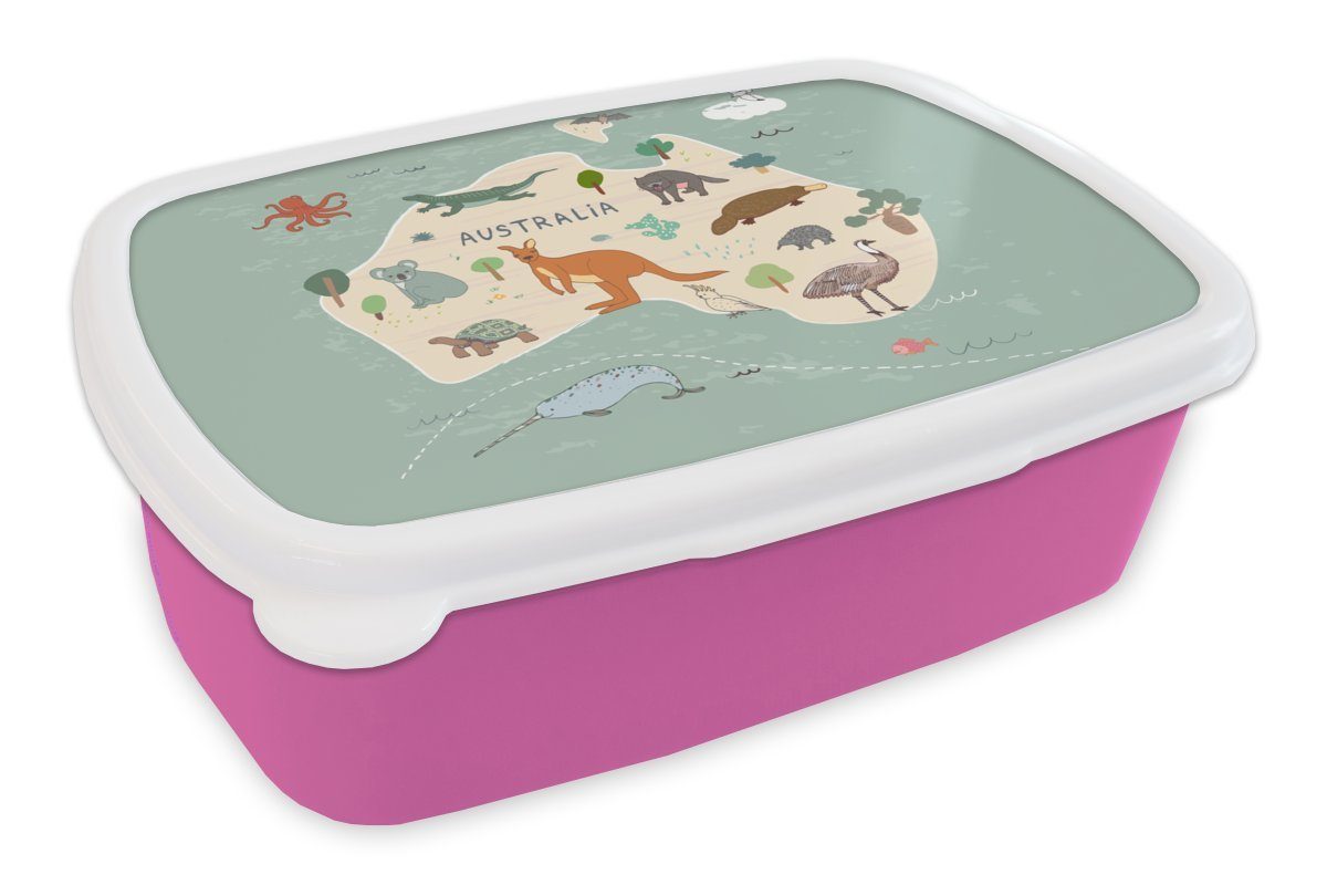 MuchoWow Lunchbox Tiere - Australien - Weltkarte - Kinder - Blau - Kinder, Kunststoff, (2-tlg), Brotbox für Erwachsene, Brotdose Kinder, Snackbox, Mädchen, Kunststoff rosa