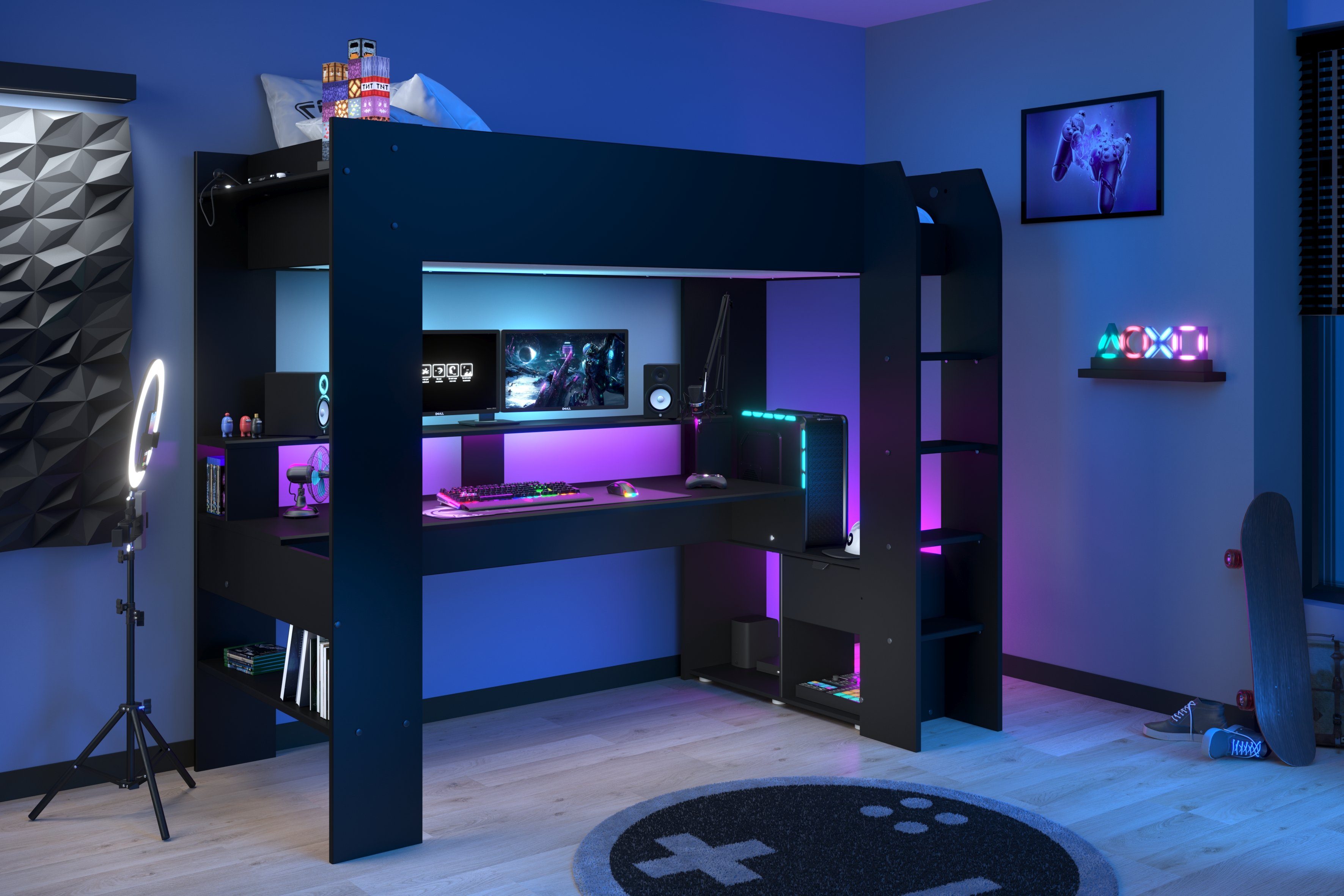 Faizee Möbel Jugendzimmer-Set PARISOT Hochbett Gaming "Online 1" Schwarz  mit Gamingtisch Jugendbett Bett LED-Beleuchtung Farbwechsel