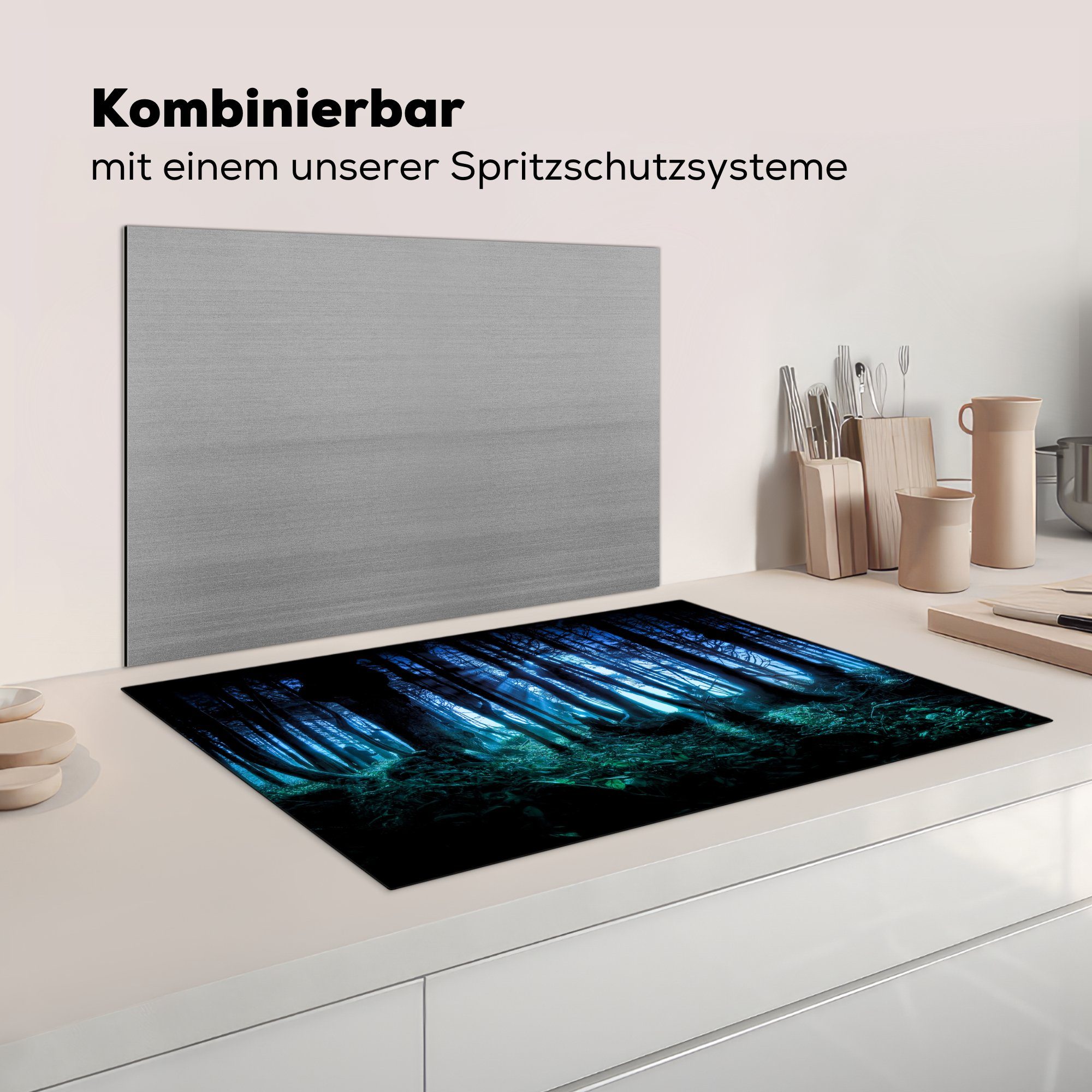 küche, cm, MuchoWow Ceranfeldabdeckung 81x52 Blauer Herdblende-/Abdeckplatte Vinyl, (1 tlg), die Schutz Induktionskochfeld Dämmerungswald, für