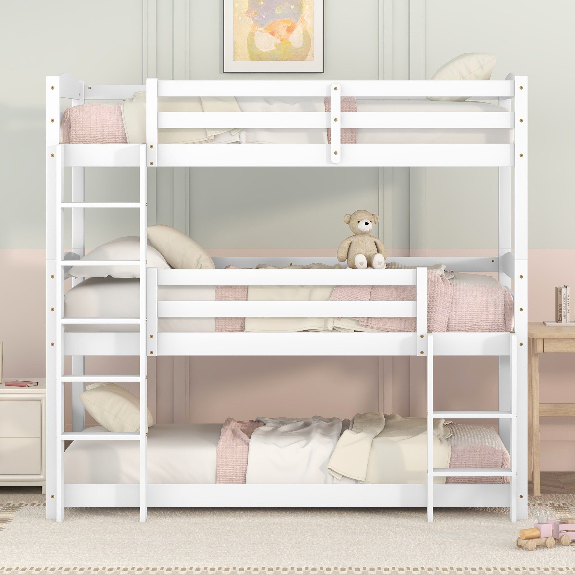 Merax Hochbett 90x200 cm mit drei Ligeflächen, Kinderbett Kiefer mit Leiter Etagenbett verwandelbar mit Rausfallschutz, 3 Stk. Einzelbett