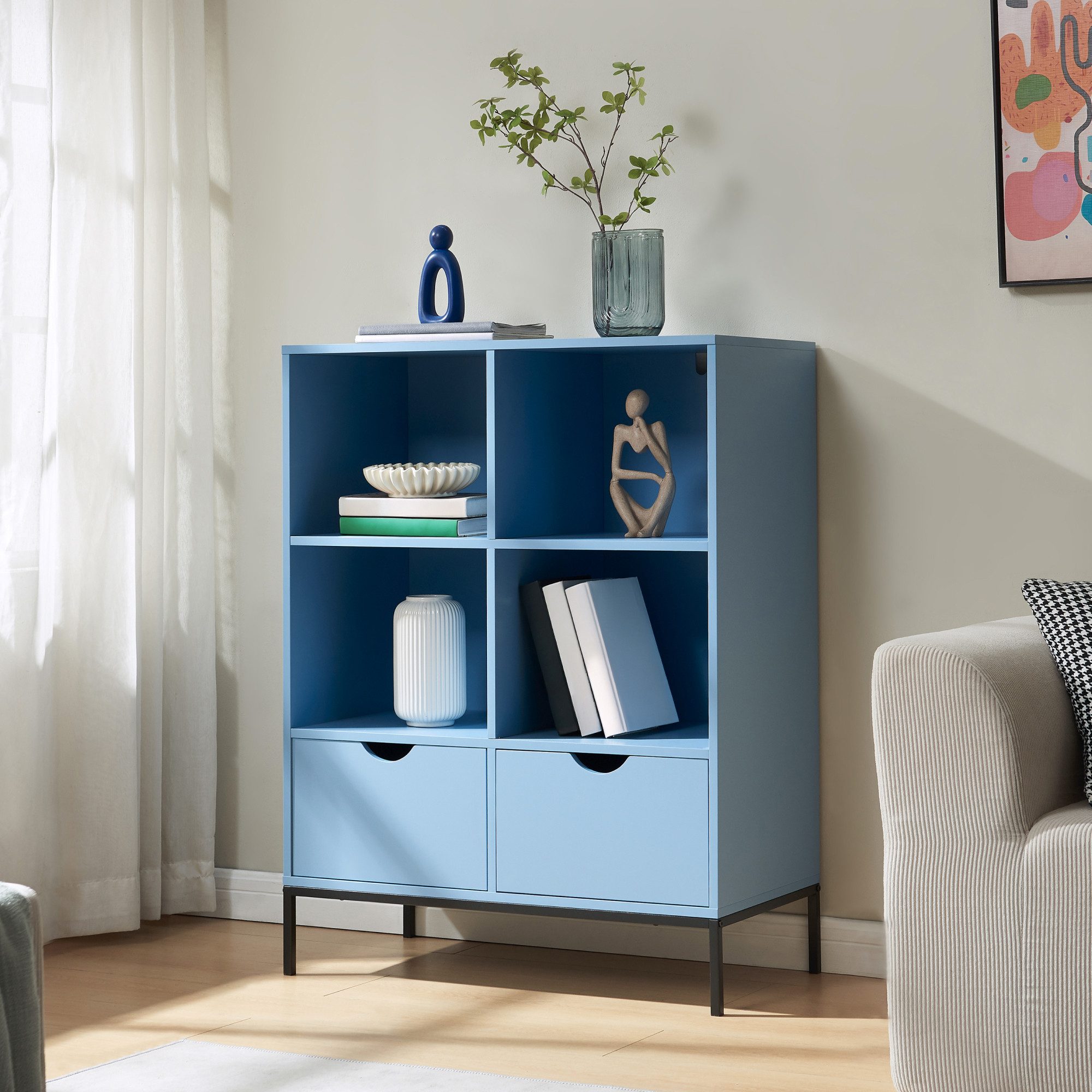 en.casa Bücherregal, »Colwyn« mit 2 Schubladen 105 x 80 x 40 cm Blau