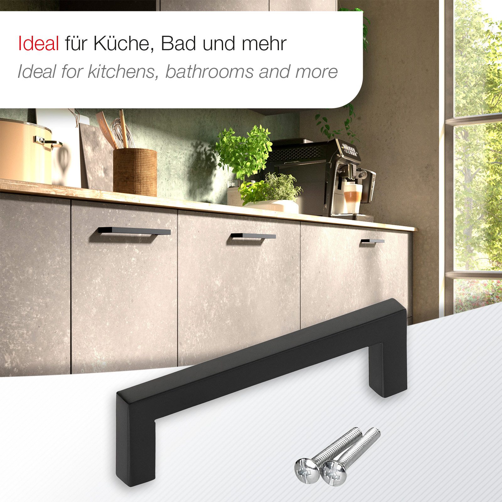 SO-TECH® Möbelgriff Stangengriff E8, aus echt Edelstahl, Profil eckig 10x10 mm (1-St), schwarz matt, Bohrlochabstand 96 mm, mit Schrauben