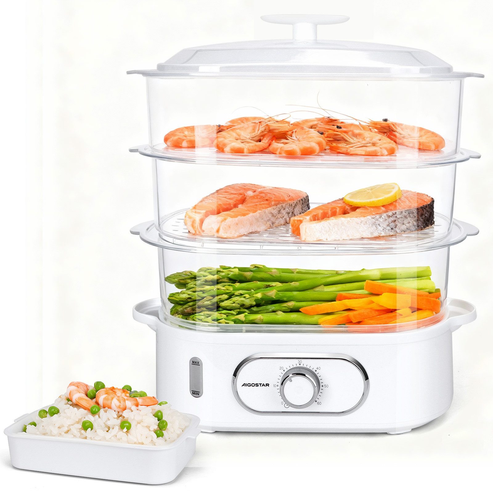 Aigostar Dampfgarer Fitfoodie mit Timer 9L/12L, 800W/900W, 3-Etagen Stapelkörbe, BPA frei, 800,00 W, Überhitzungsschutz, Intelligenz, Leicht zu reinigen